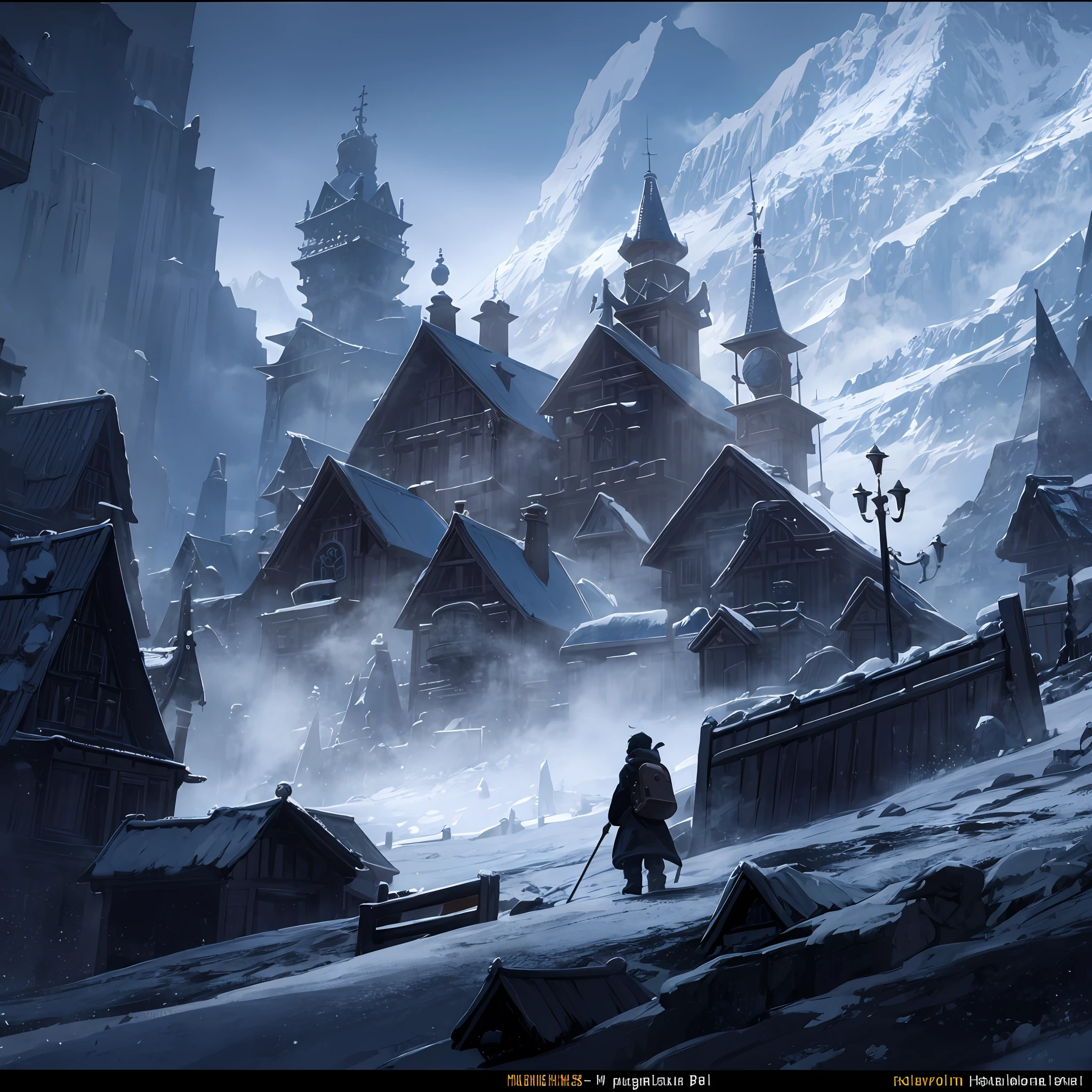Dark Christmas, North Pole, Mountain with Fog, Dark, Terror, Macabre Village, Beggar, Hyper-realistic, Village with Many Houses, Great Quality, Beggar Walking the Streets, Mist --auto --s2