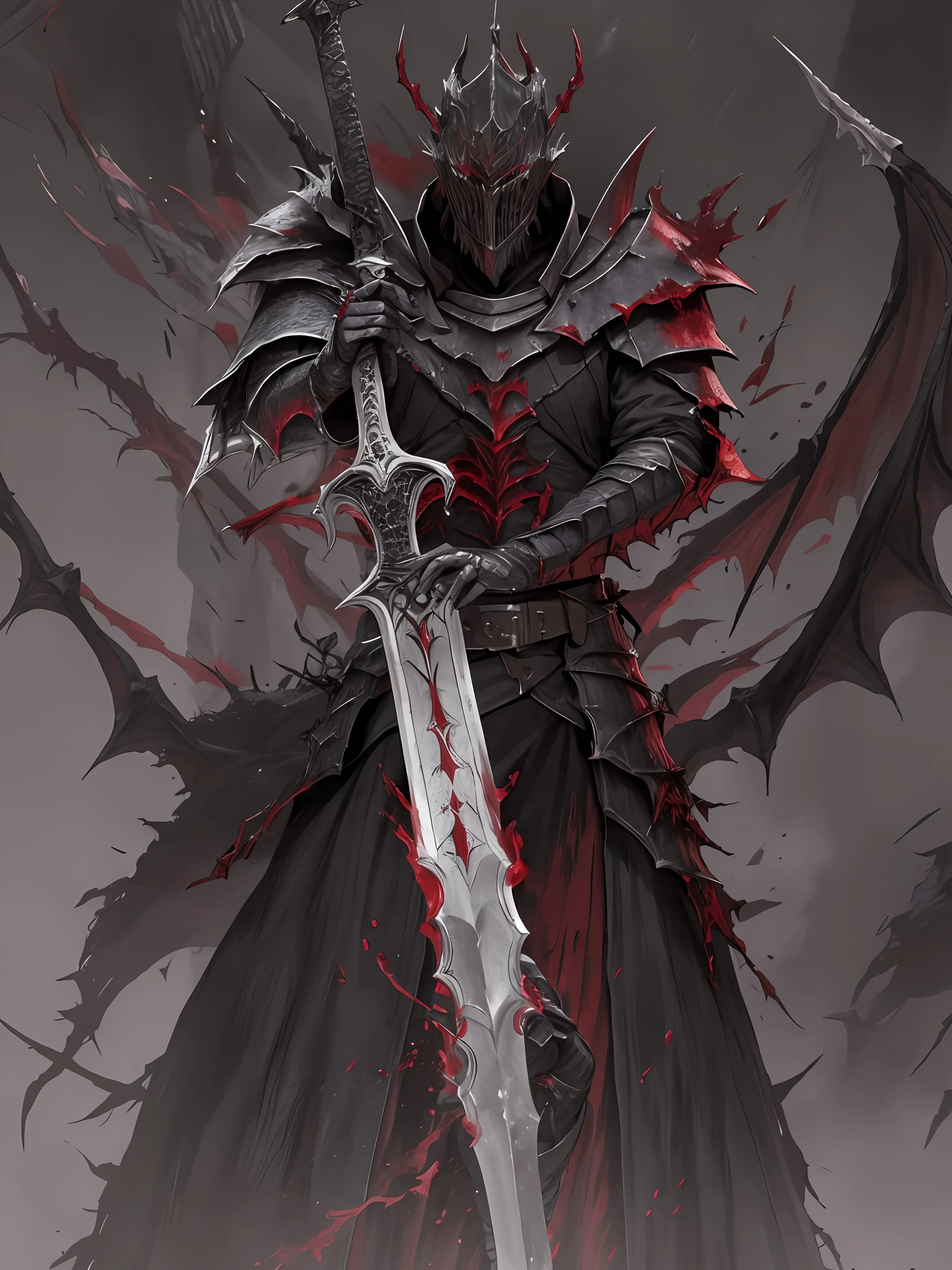 Close up of a demonic man holding a sword, evil knight, blood knight, dark souls knight, dark souls art style, fantasy knight, powerful fantasy knight, dark soul knight, horror knight, epic fantasy digital art style, fallen knight, dragon knight, cinder king, undead knight, dark souls style, epic fantasy weapon art, dark souls concept, 4K, model