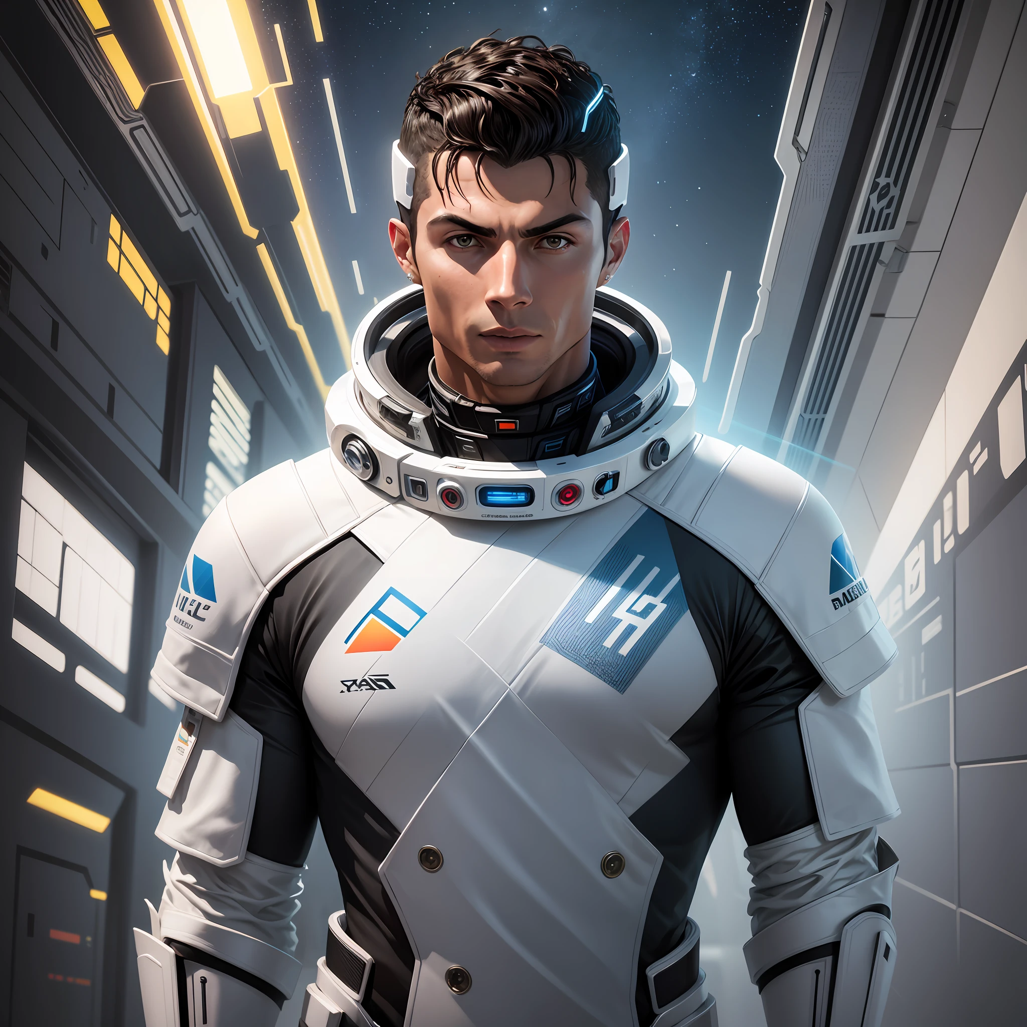 Cristiano Ronaldo in a futuristic outfit,futuristic clothes, hyper-realistic style, 8k, Space suit --auto --s2