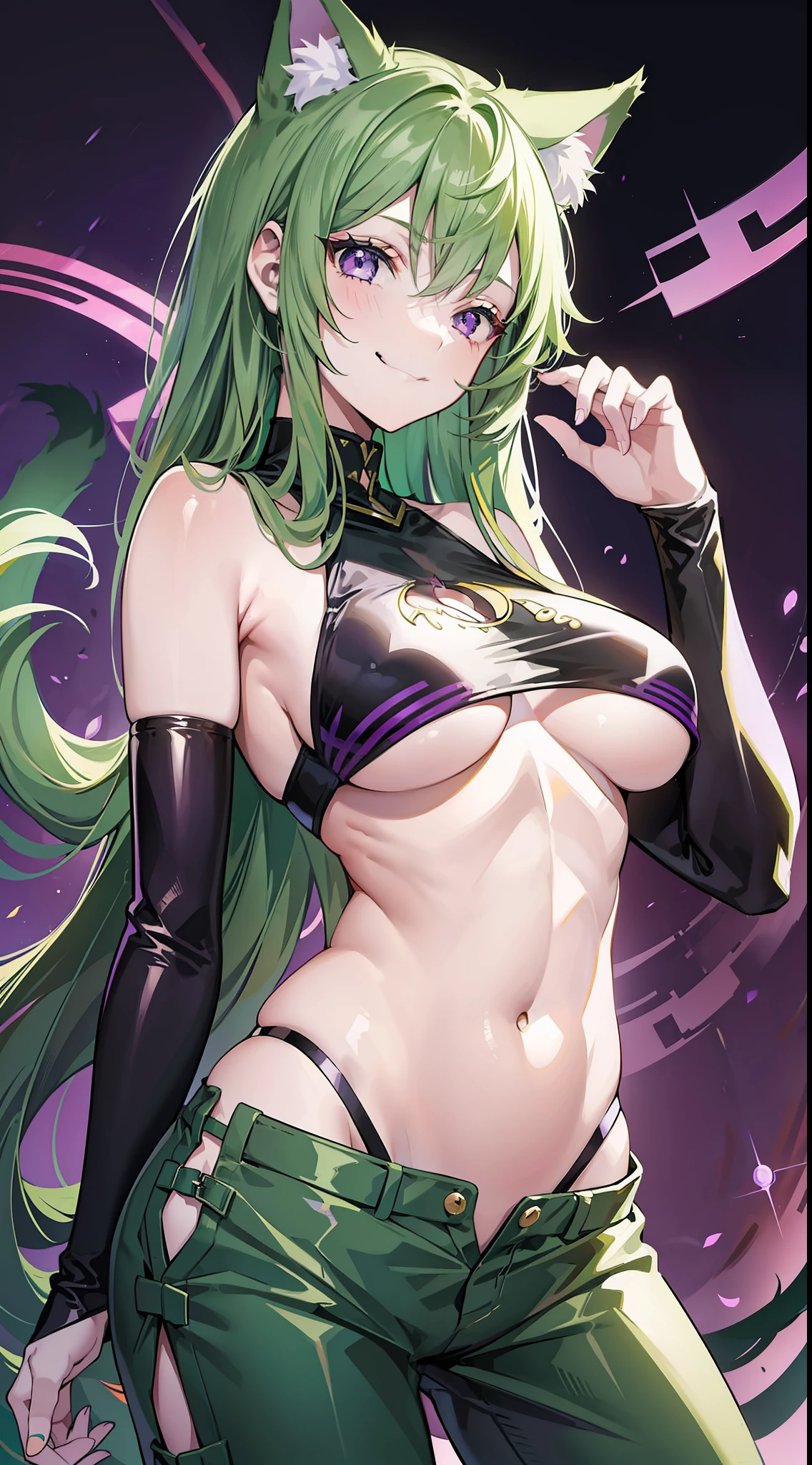 Young girl, long green hair, purple eyes, cat ears, smirk, superhero form, pants, open belly, inner sideboob, masterpiece, high quality