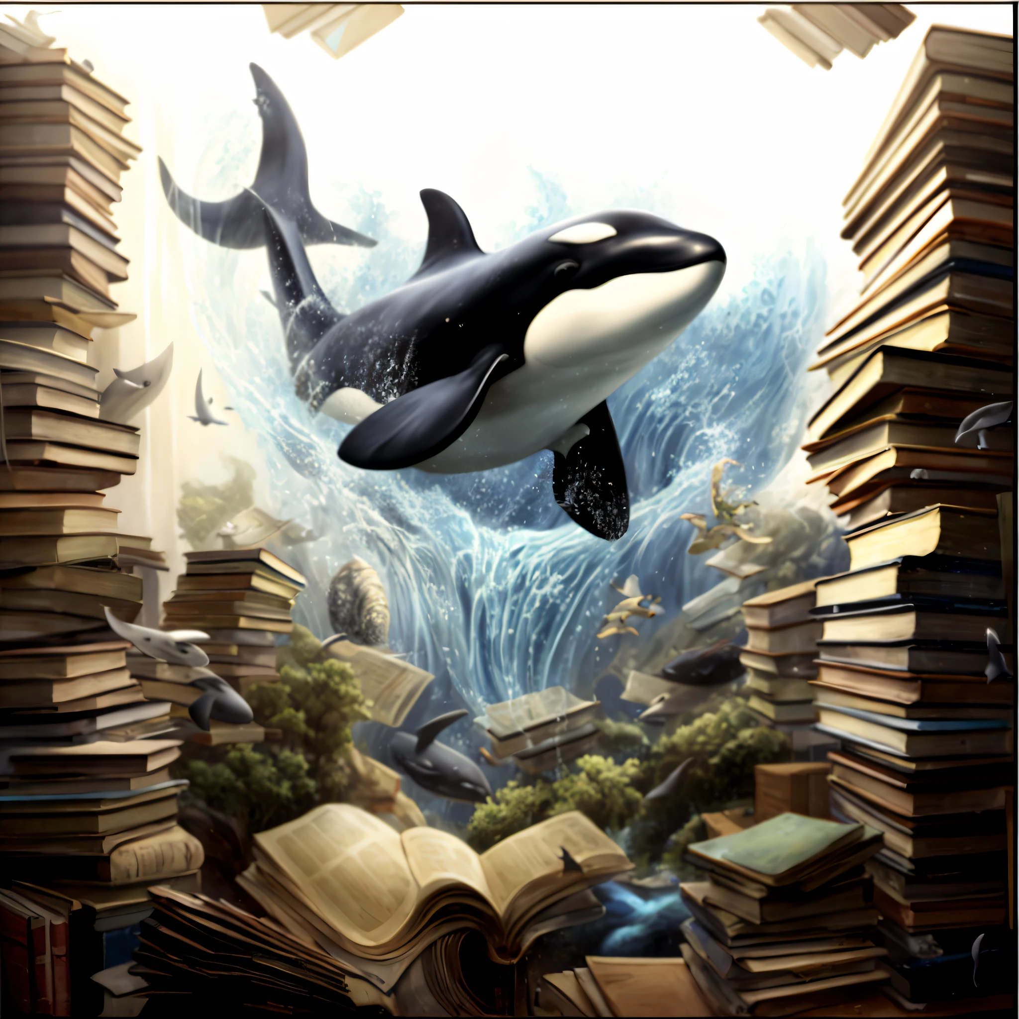 there is a whale that is floating over a pile of books, cyril rolando and m. w kaluta, cyril rolando and m.w kaluta, borne space library artwork, fantasy book illustration, by Alexander Kucharsky, killer whale, whale fall, inspired by Cyril Rolando, in style of cyril rolando, flying whales, books cave, amazing
