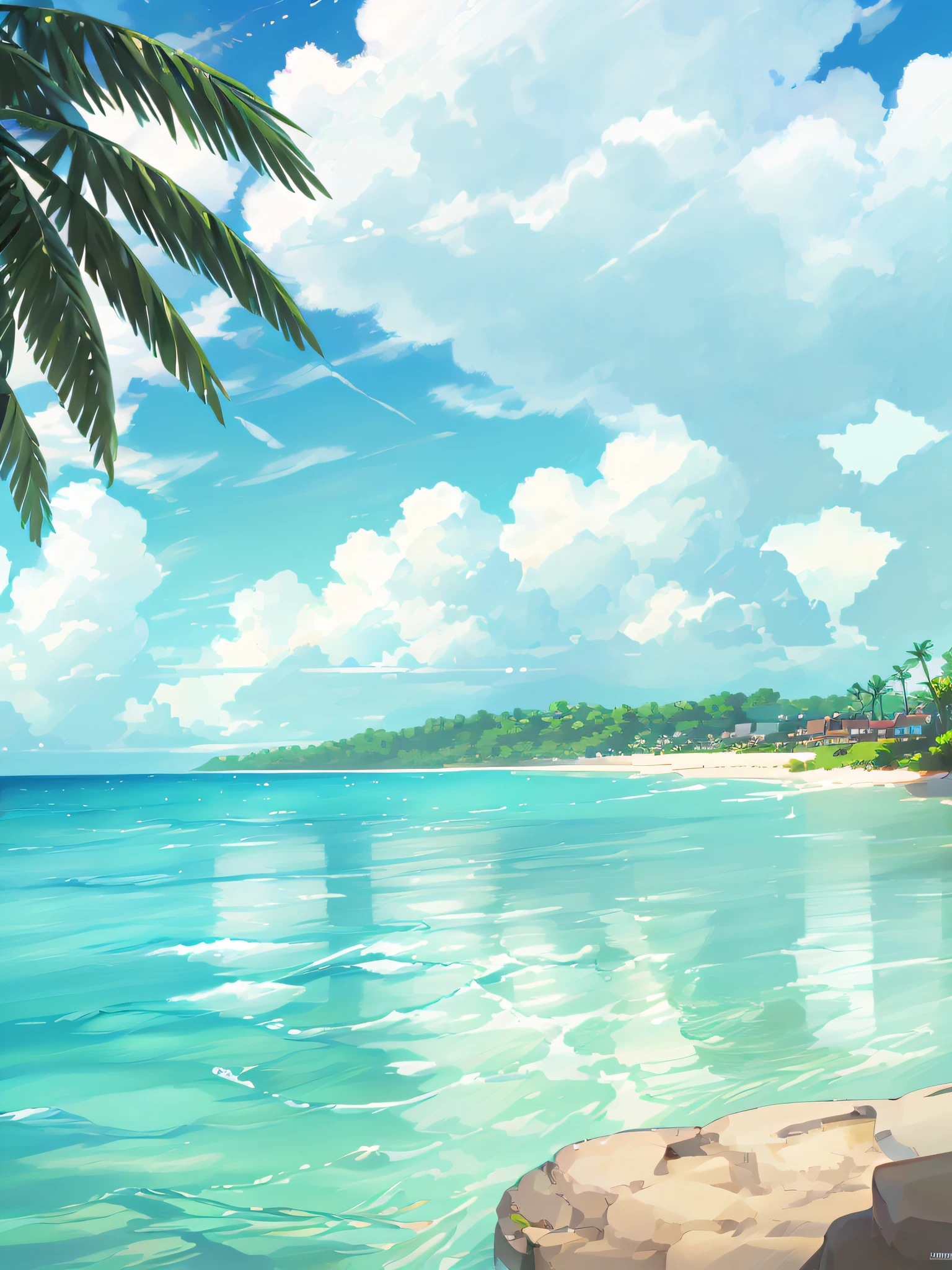 (High quality, high resolution) 3Delight beach scenery, halo 8K, beach details depicted clearly, fresh summer feeling, coconut trees and coconut, full detail.