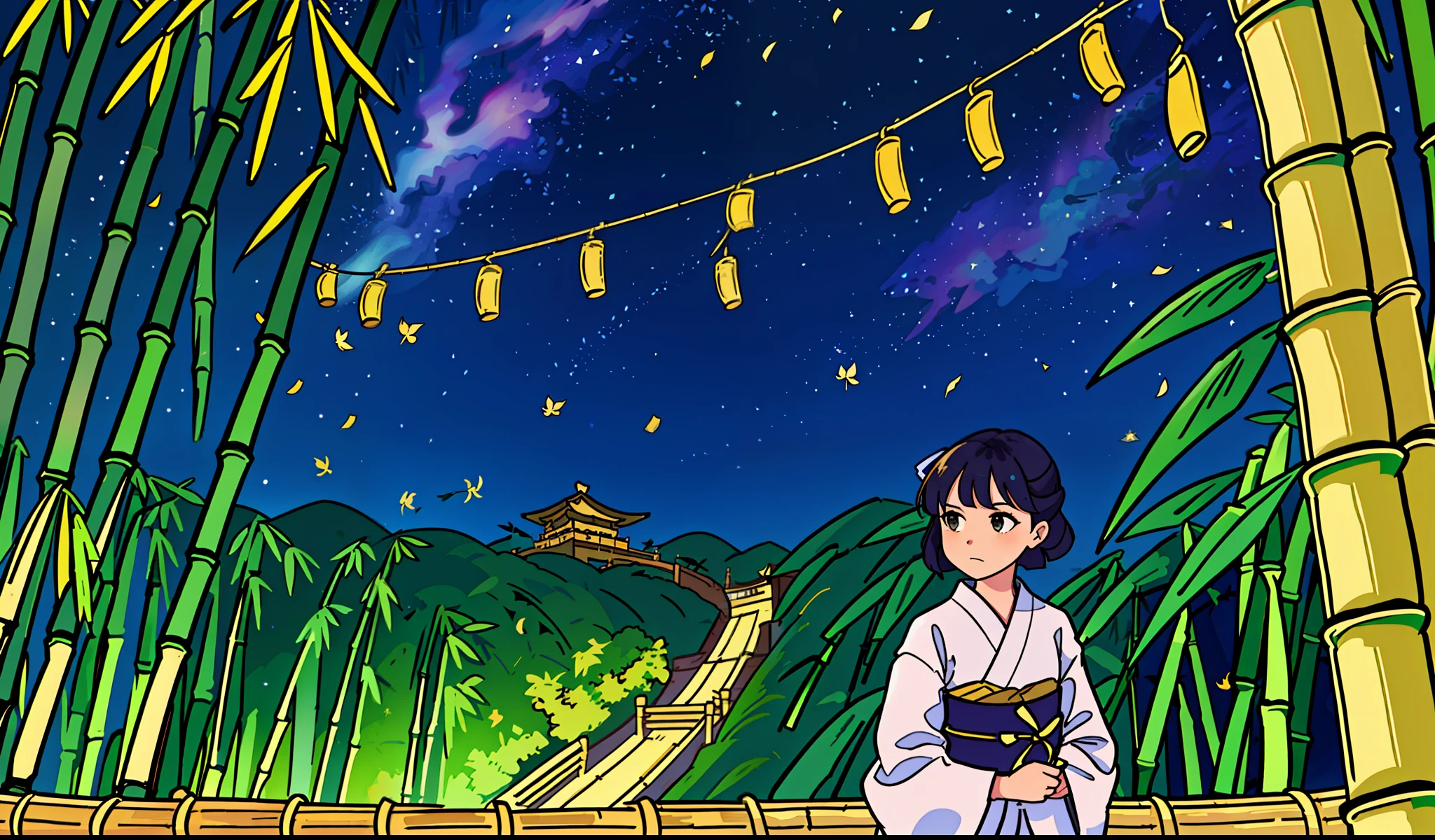 Beauty, 25 years old, countryside, yukata, night, starry sky, ((Tanabata (Tanabata / Bamboo leaves, strips)),