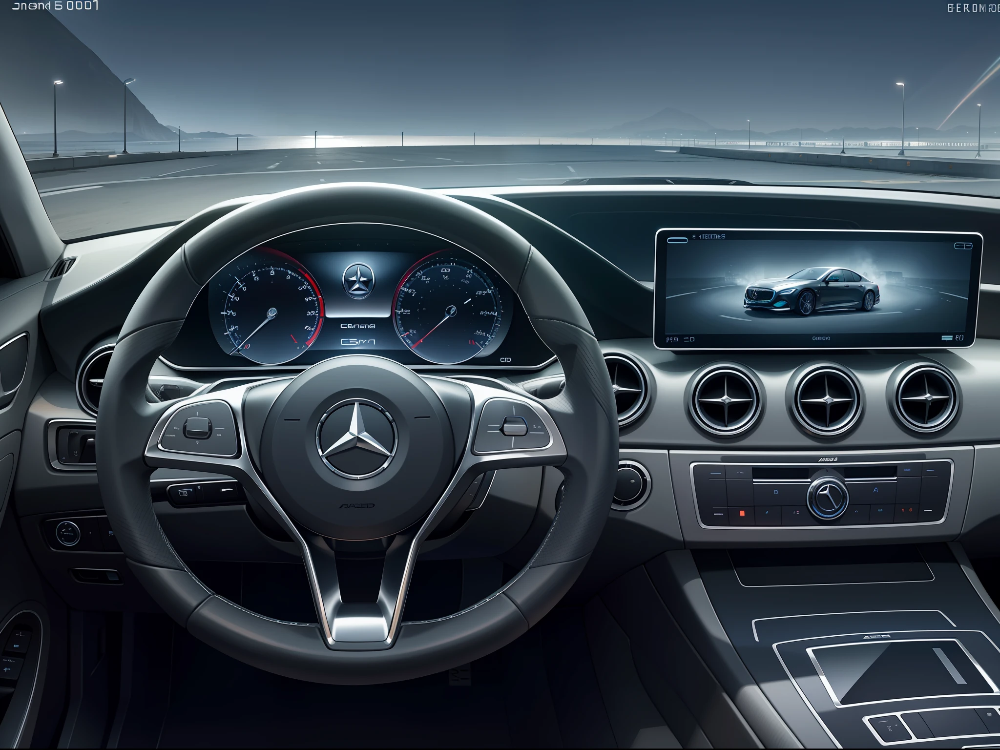 Description: A mercedes-benz LCD dashboard control interface, high-tech, cool, stereo, sports, size 8000 * 8000, HD8K, surreal-s100-c100-v5.1