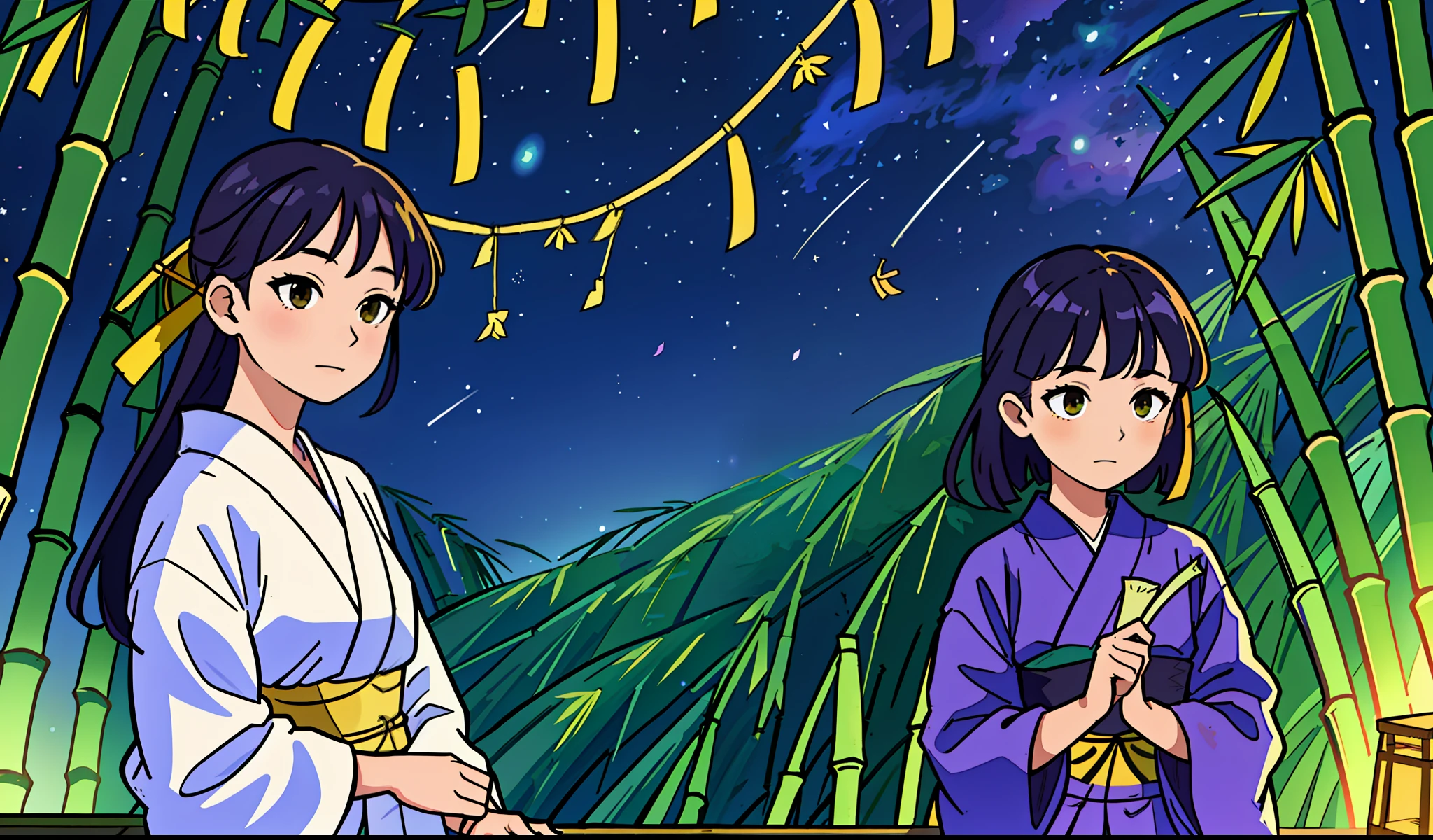 Beauty, 25 years old, countryside, yukata, night, starry sky, ((Tanabata (Tanabata / Bamboo leaves, strips)),