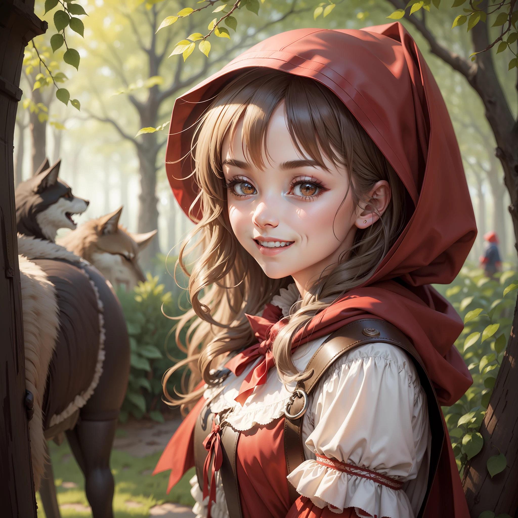 Little Red Riding Hood about to be by a crowd, 18 forbidden images, elated smile,