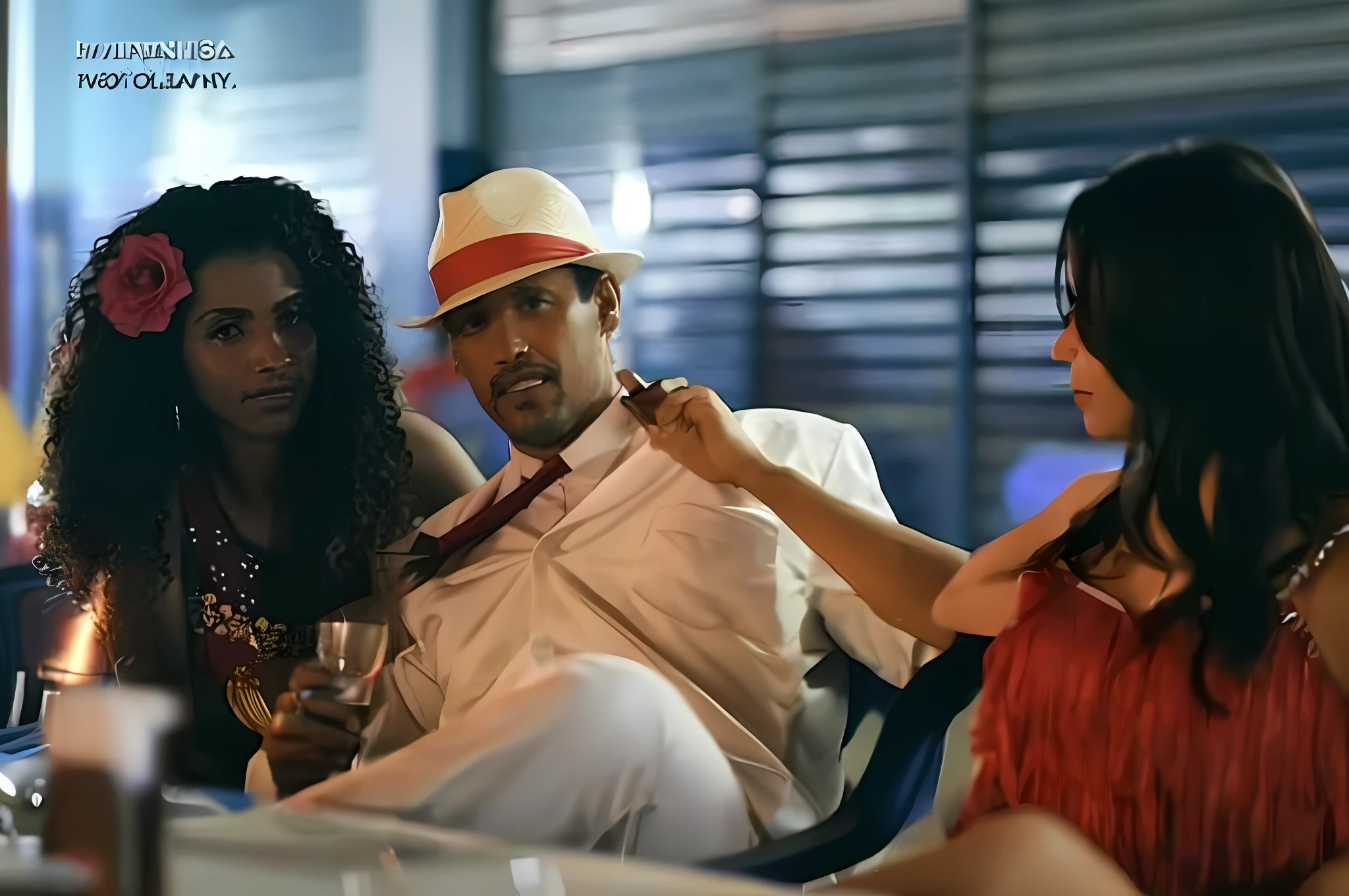 there are two people sitting at a table with wine glasses, shot from danis villeneuve movie, still image from tv series, miami vice, eighties miami vice, screenshot from a movie, shot from movie, still from the movie, still shot from movie, making of, film still from the movie, actor, scene from a movie, still from a terence malik film