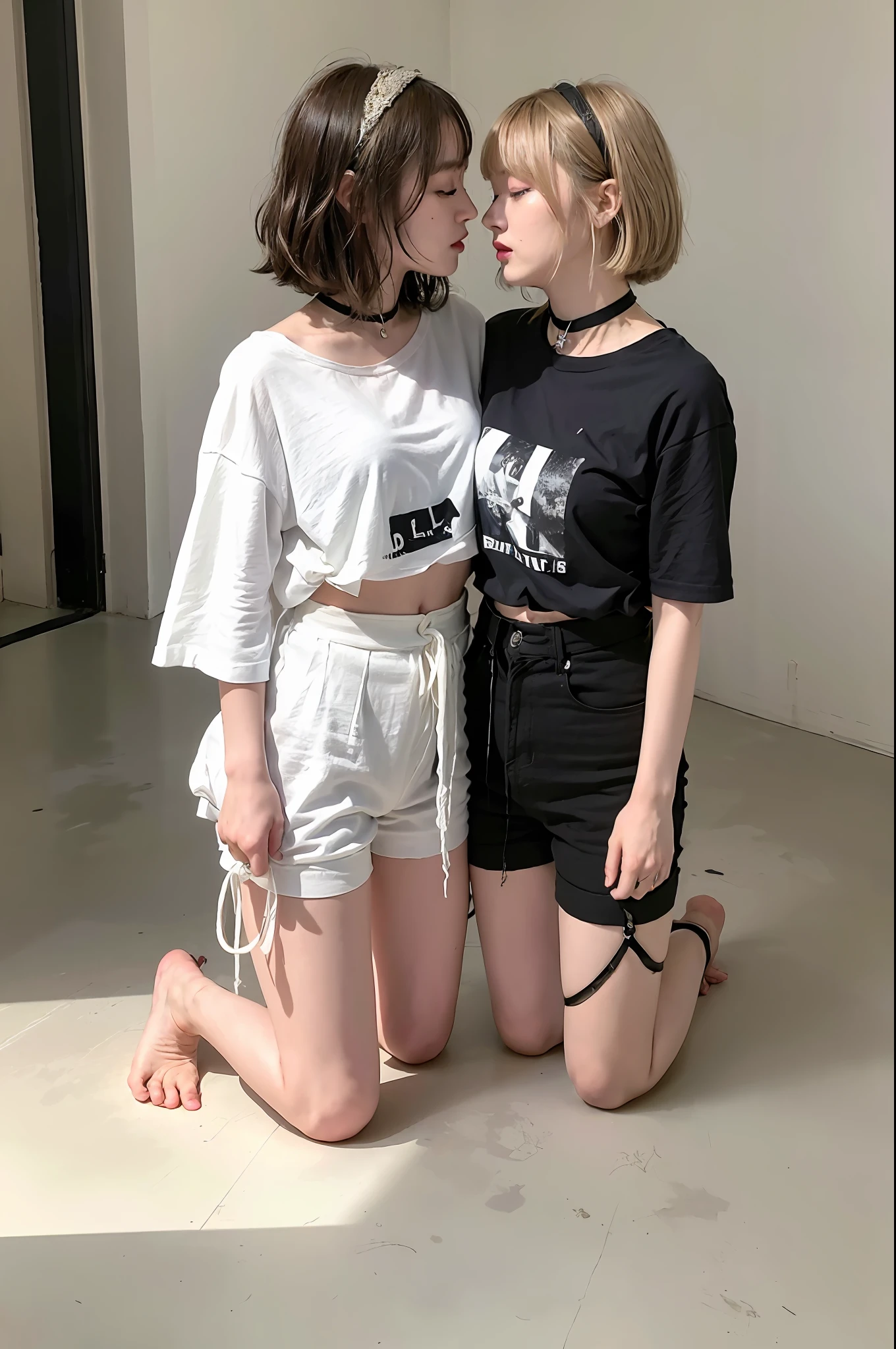 (8k:1.27), best quality, masterpiece, ultra highres:1.2), two kidnapped lesbian goth girls with arm tattoos kissing each other, tattooed girls, full body picture, old white rock band oversized knotted prisoner t-shirt, big t-shirt, short big sleeves, black short sport pants tied with a rope, wearing dirty old goth clothes, dyed yellow blonde hair, short blonde bob hairstyle shoulder length, blonde hair bangs, kneeling in a dirty room, handcuffed, hands tied with rope behind body, submissive neck choker and leash in neck, 4k or 8k picture, looking at the floor down very sad, very sad face, paisley bandana ribbon hairband, smelly, barefoot, praying, rope hanging from ceiling, one girl dominating the other one