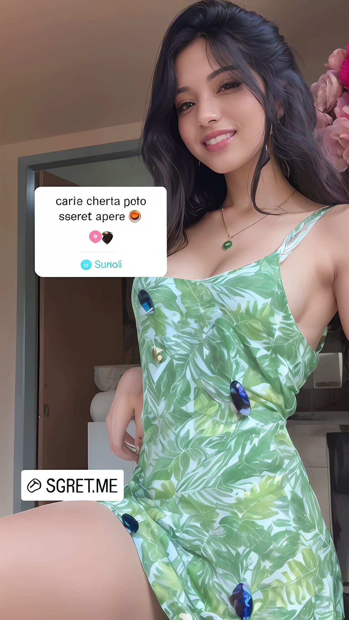 there is a woman in a green dress posing for a picture, sexy :8, aseprite, 😭 🤮 💕 🎀, sexy dress, sempe, short dress, 🐝👗👾, instagram model, sexy girl, latina skin, sie boob, 🔥 😎 🕹️ 👀 :2Showing off her sexy legs and her beautiful breasts