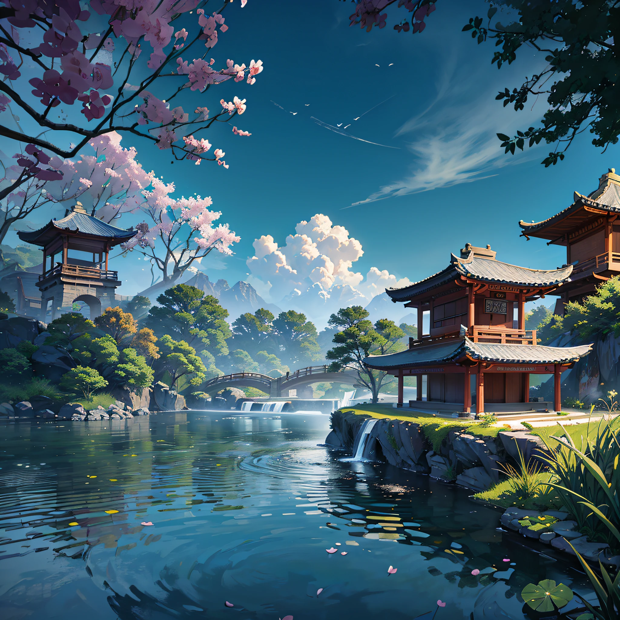 9:16 Full picture, ancient Chinese architecture, hazy moon, night, garden, bamboo, lake, stone bridge, rockery, arch, corner, rockery, tree, running water, landscape, outdoor, waterfall, grass, rock, water lily, hot spring , Water Vapor, (Illustration: 1.0), Epic Composition, Detail Enhancement, Detail Enhancement. Realistic lighting, HD details, masterpiece, best quality, (very detailed CG unity 8k wallpaper), (best quality) --auto --s2