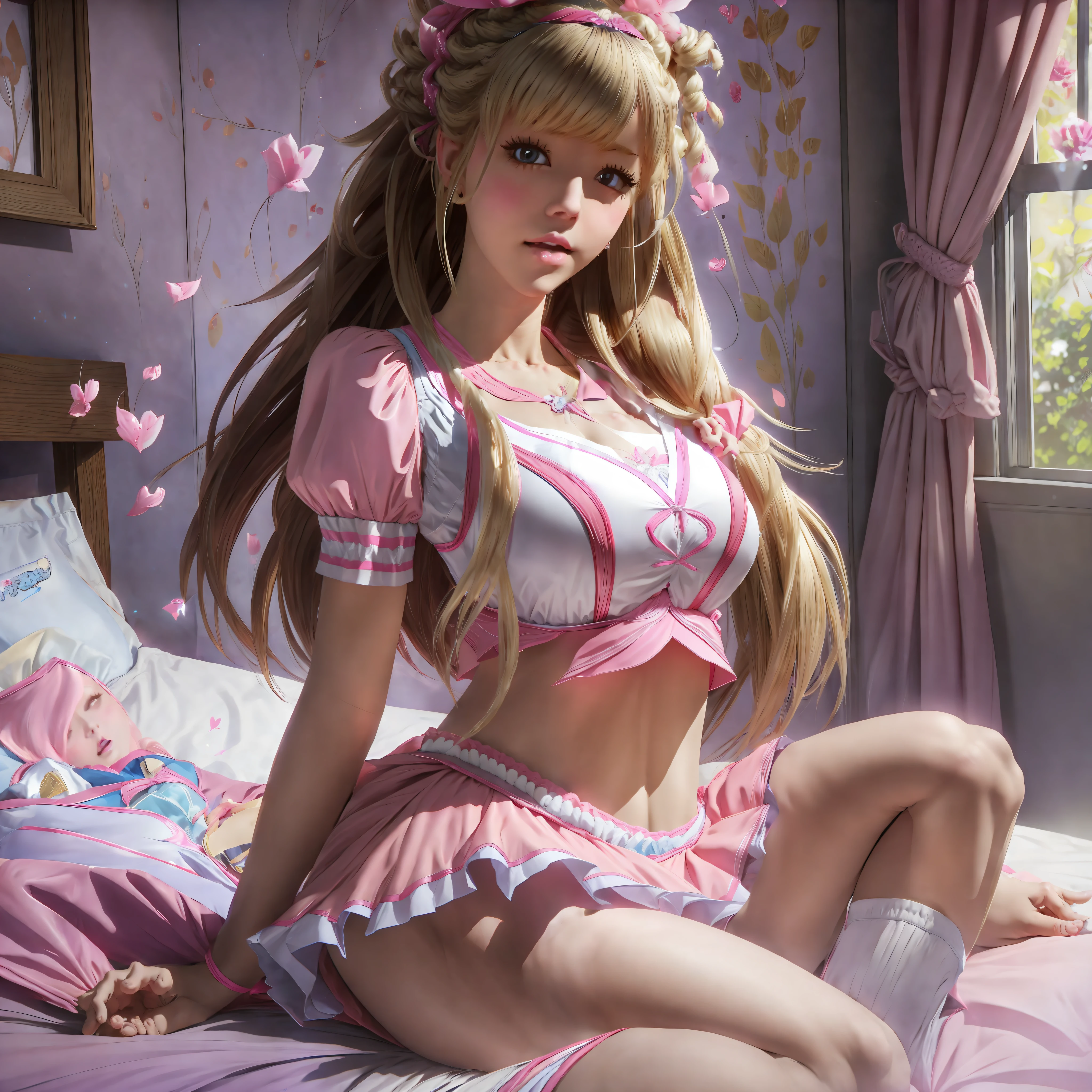 1girl, blonde hair, huge breasts, pink cheerleader uniform, belly, skirt, perverted gal, excited, cowboy shot, blushing: 1.3, sitting on bed, moaning, open mouth, open legs --auto --s2