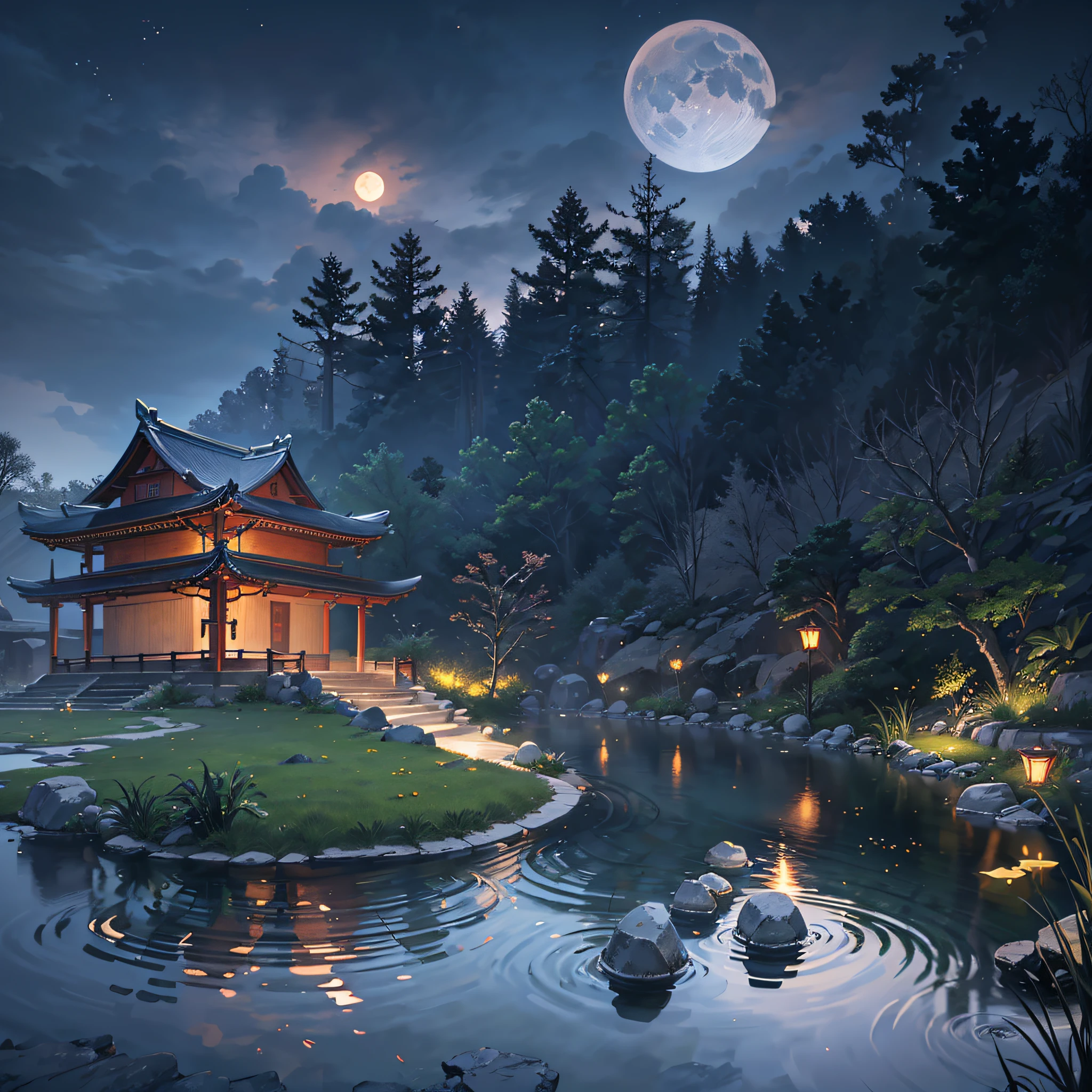 9:16 Full picture, ancient Chinese architecture, hazy moon, night, garden, bamboo, lake, stone bridge, rockery, arch, corner, rockery, tree, running water, landscape, outdoor, waterfall, grass, rock, water lily, hot spring , Water Vapor, (Illustration: 1.0), Epic Composition, Detail Enhancement, Detail Enhancement. Realistic lighting, HD details, masterpiece, best quality, (very detailed CG unity 8k wallpaper), (best quality) --auto --s2