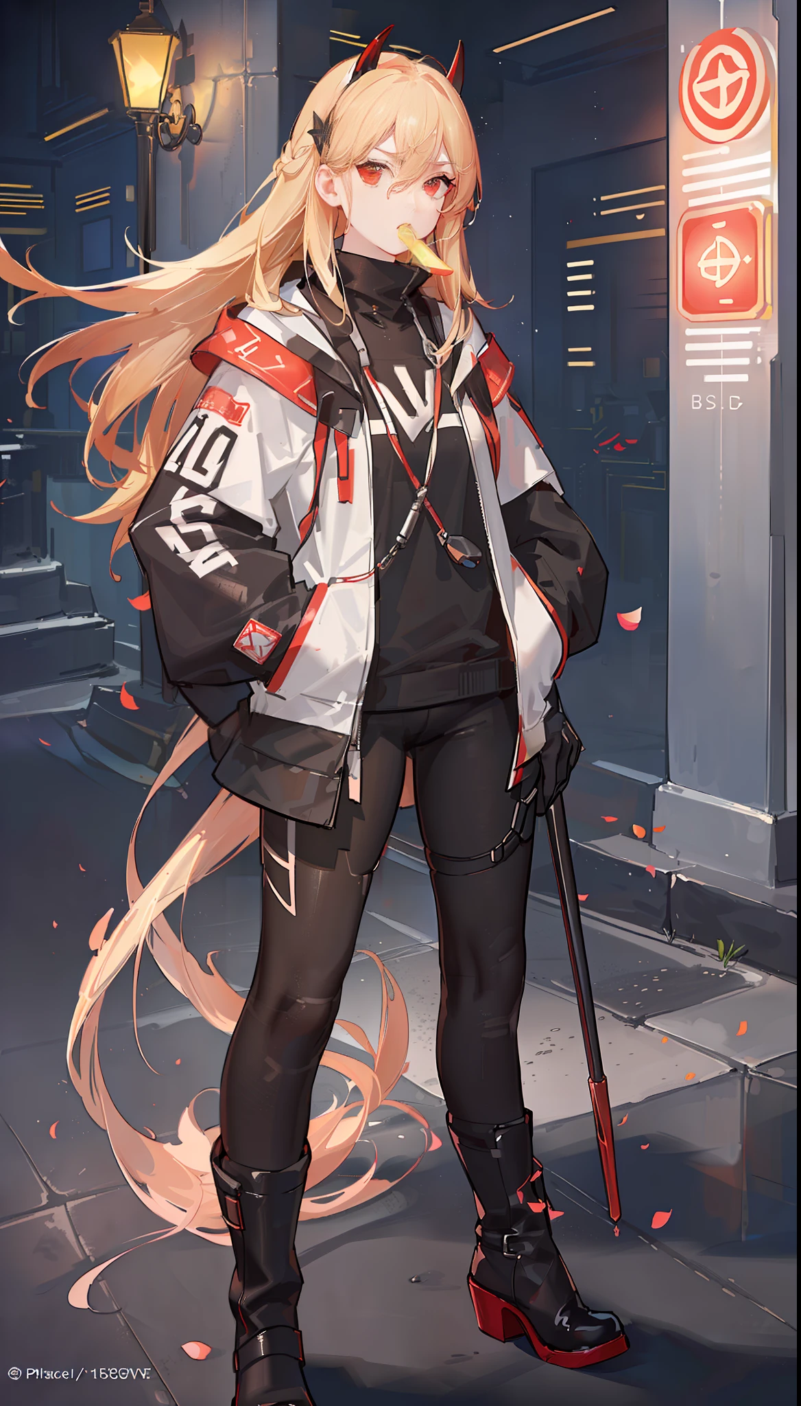 Yellow hair, scythe, a girl blowing bubble gum with her hands in her pockets , (hands in pockets: 1.4), (big bubblegum: 1.4), (Shibuya: 1.4), (night light: 1.4), (thick body: 1.4), (long blonde hair: 1.4), red eyes (delicately depicted), HDR (high dynamic range), ray tracing, NVIDIA RTX, super resolution, unreal 5, subsurface scattering, PBR textures, post-processing, anisotropic filtering, depth of field , Maximum clarity and sharpness, multi-layer textures, albedo and specular maps, surface shading, accurate simulation of light-material interactions, octane rendering, duotone lighting, low ISO, white balance, rule of thirds, large aperture, 8K RAW, efficient sub-pixel, subpixel convolution, (luminous particles: 1.4), {{masterpiece, best quality, extremely detailed CG, Unity 8k wallpaper, 3D, cinematic lighting, lens flare}},