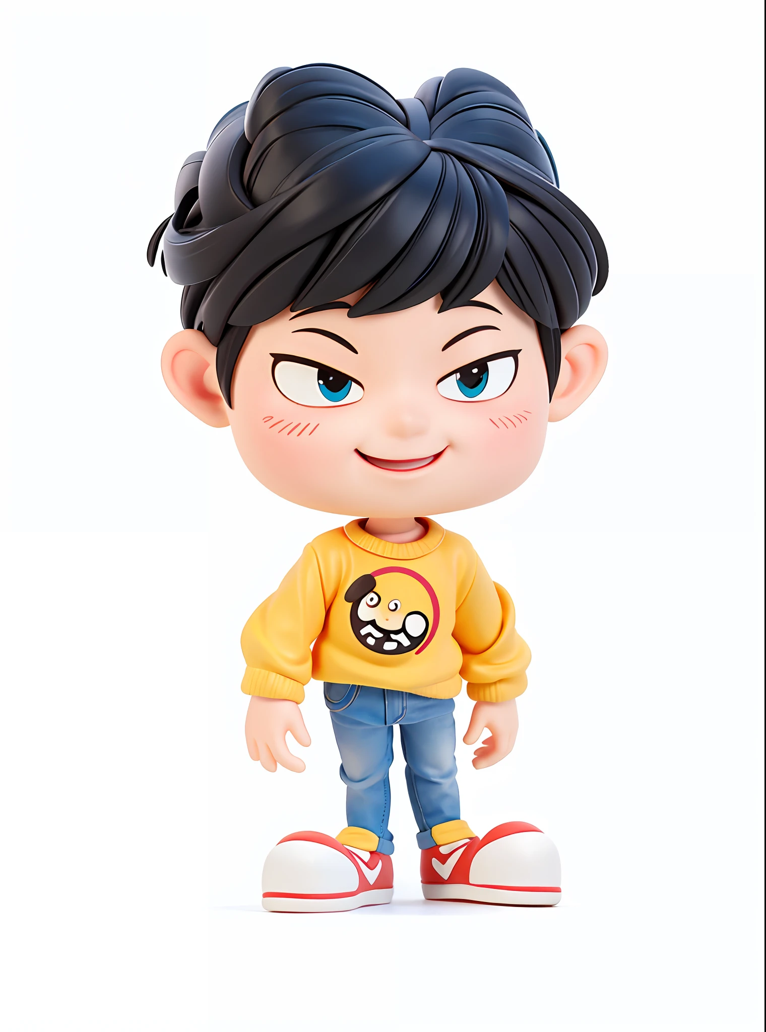 Cartoon boy with happy face and yellow shirt, square face contour, black hair, yellow top, blue pants, red shoes, cartoon art style, drawn with Photoshop, cartoon cute, cartoon characters, 3d illustration, blind box characters, single character full body, cartoon style, highly detailed characters, full body portrait of trousers, official fan art, characters are standing, cute cartoon characters, merged characters