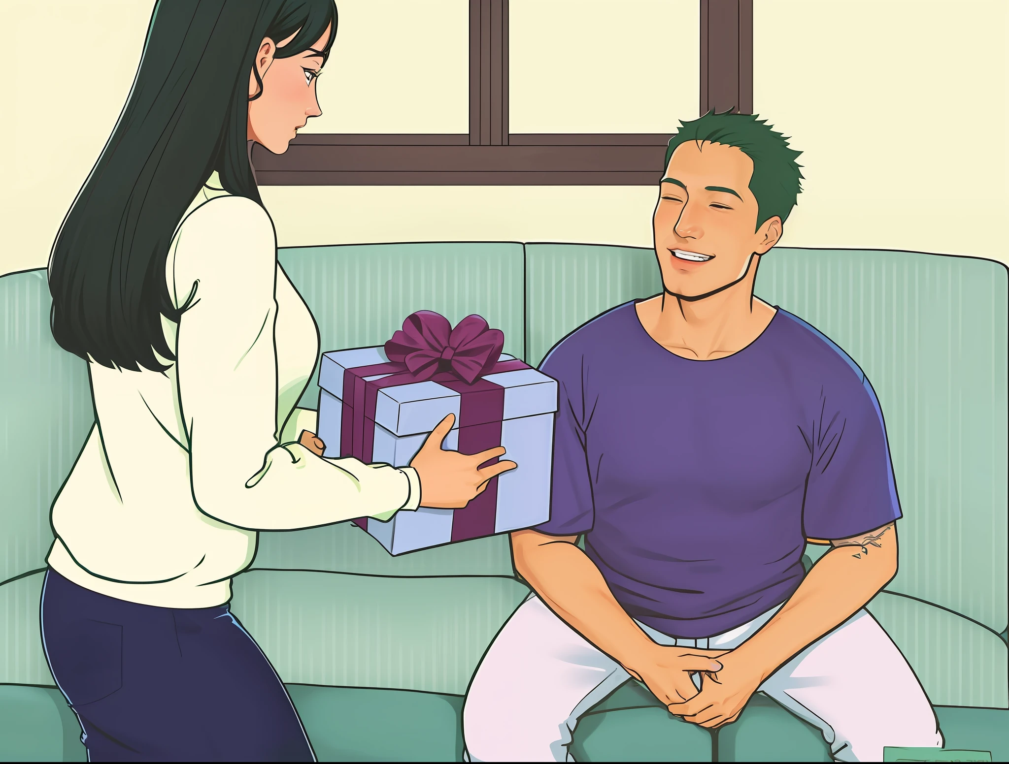 cartoon of a man giving a woman a present on a couch, wikihow, wikihow illustration, giving gifts to people, holding gift, by Asaf Hanuka, gifts, presents, phil noto comic art, from naruto, inspired by Asaf Hanuka, phil noto, frank cho, ( asaf hanuka ), really realistic --auto --s2