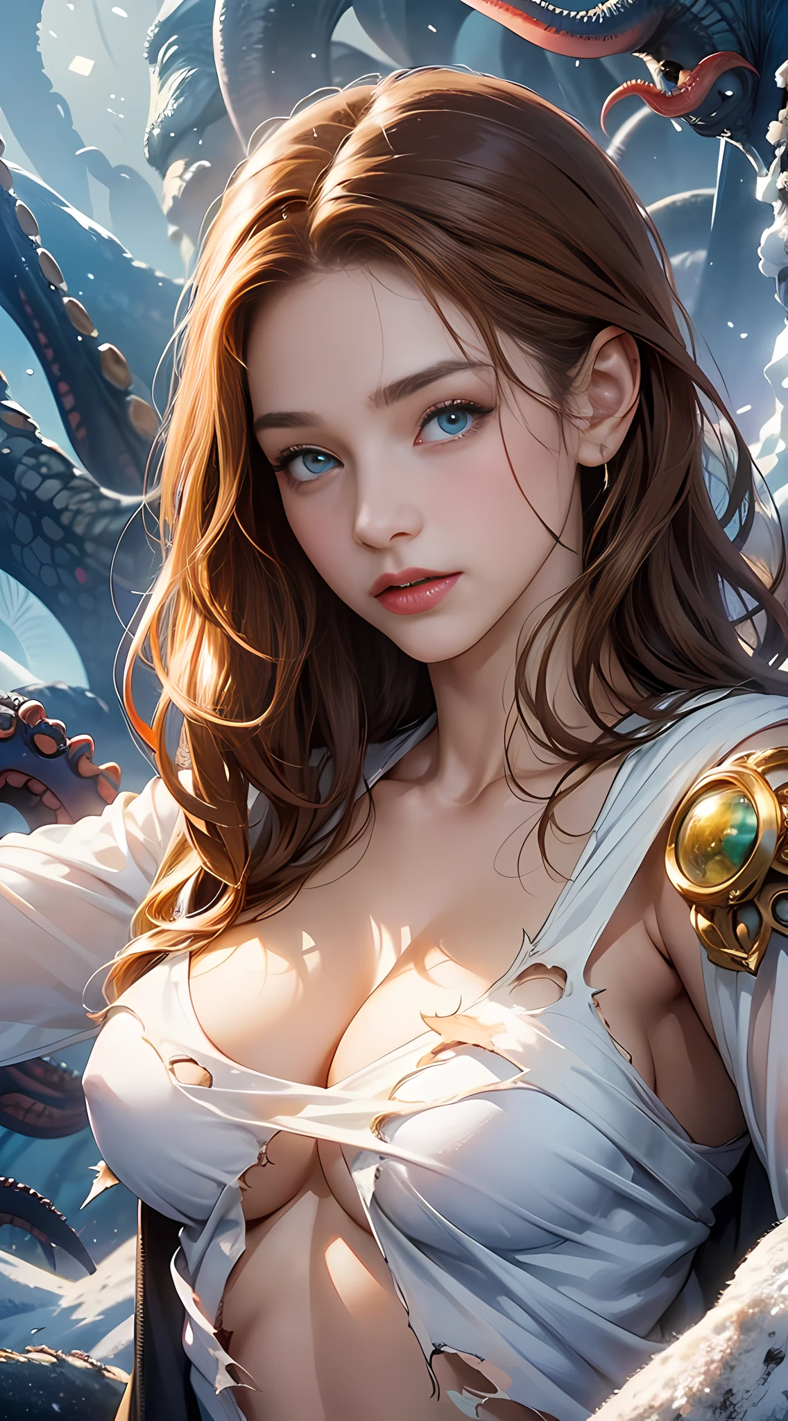 daughter (masterpiece:1.4), (8k, realistic, raw photos, best quality: 1.4), japanese, (1 girl), beautiful face, (realistic face:1.4), (caramel hair, long hair:1.3), beautiful hairstyle, realistic blue eyes, beautiful detailed eyes, (realistic skin:1.3), beautiful skin, attractive, super high resolution, super realistic, highly detailed, golden ratio, (detailed face: 1.4), looking at the audience, white shirt, medium breasts, standing, Hands on chest, Clear shirt, (torn clothes:1.5), (no bra:1.4), perky_nipples, short jeans, shorts, city street, cute smile, red lips, (golden ratio fingers: 1.5), (illustration background, CGI, movie, futuristic, mountain, snow, thick thighs, robust, gothic, gold trim, cthulhu, octopus, official art, cape)