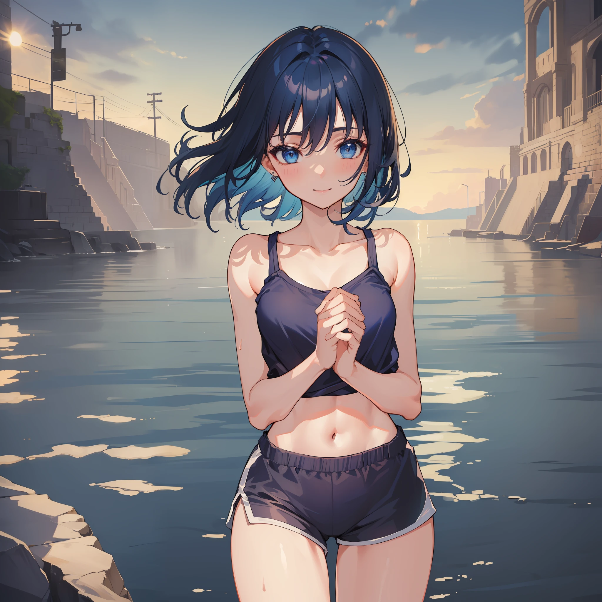 (masterpiece), ((highest quality)), (super detailed), (((perfect body))), 1 girl, (((dark blue hair)), short hair, dark blue eyes, blue sports top, white sports shorts, stone brick road, navel, wet: 1.1, jogging, blush, medium chest, collarbone, smile, perfect hands, perfect hands, hand details, modified fingers. Earrings, looking_at_viewer, cowboy shots, rich detail, perfect image quality