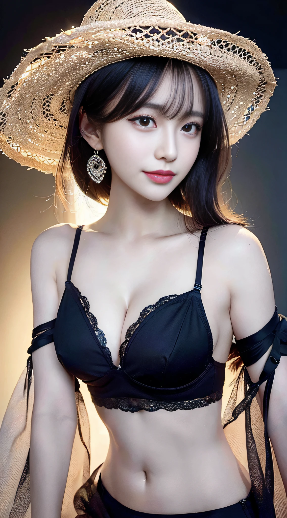 (8k, RAW photo, highest quality, masterpiece:1.2), ultra detail, ultra high resolution, (photorealistic, photorealistic photo:1.37), portrait, high detail RAW color photo, professional photo, extremely delicate and beautiful, extremely detailed, 8k wallpaper, amazing and detailed detail, huge file size, official art, highly detailed CG Unity 8k wallpaper, very detailed beautiful woman, very detailed face, very detailed eyes, very detailed skin,  Very detailed fingers, very detailed nose, very detailed mouth, perfect anatomy, very detailed background, very detailed clothes, 1girl, (25 years old:1.2), 20s, cute woman, realistic body, petite, fair skin, radiant skin, slender body, handsome body, black hair, short hair, (blunt bangs:1.2), smile, youth, realistic face, delicate eyes, drooping eyes, lingerie, see-through, earrings, viewer view, cowboy shot,  Facing Front, Contraposto, Dynamic Lighting, Very Big Breasts, Cowboy Shot, Shadows, Fashion Show, Show, Dynamic Pose, Lighting, Hats
