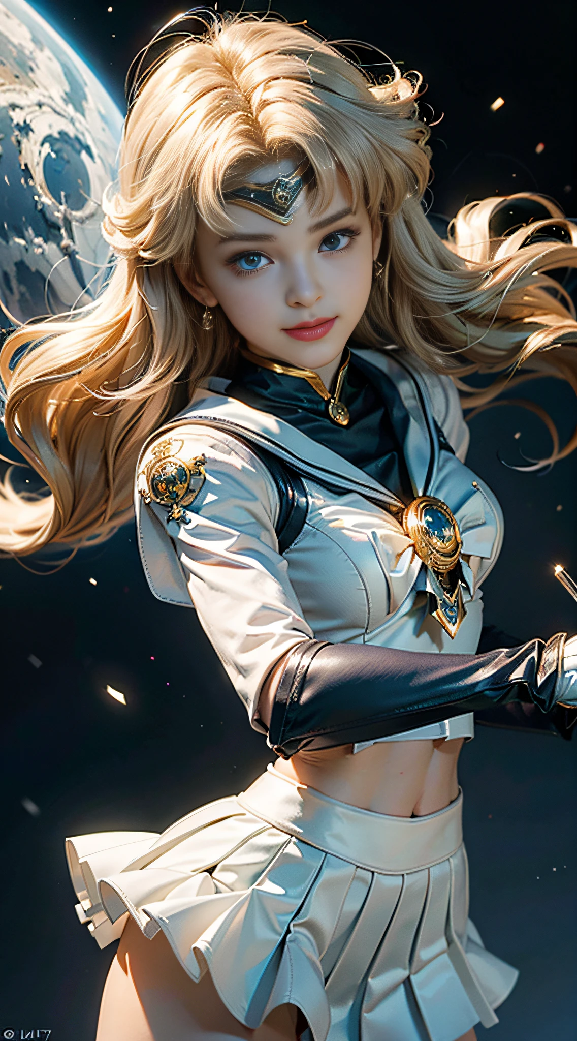 (Extreme detail CG Unity 8K wallpaper, masterpiece, highest quality), (exquisite lighting and shadow, highly dramatic picture, cinematic lens effect), (Sailor Moon: 1.1), charming smile, double tail, blue eyes, blond hair, tight top, white gloves, mini skirt, dynamic pose), the background is the universe (excellent detail, excellent lighting, wide angle), (excellent rendering, enough to stand out in its class),