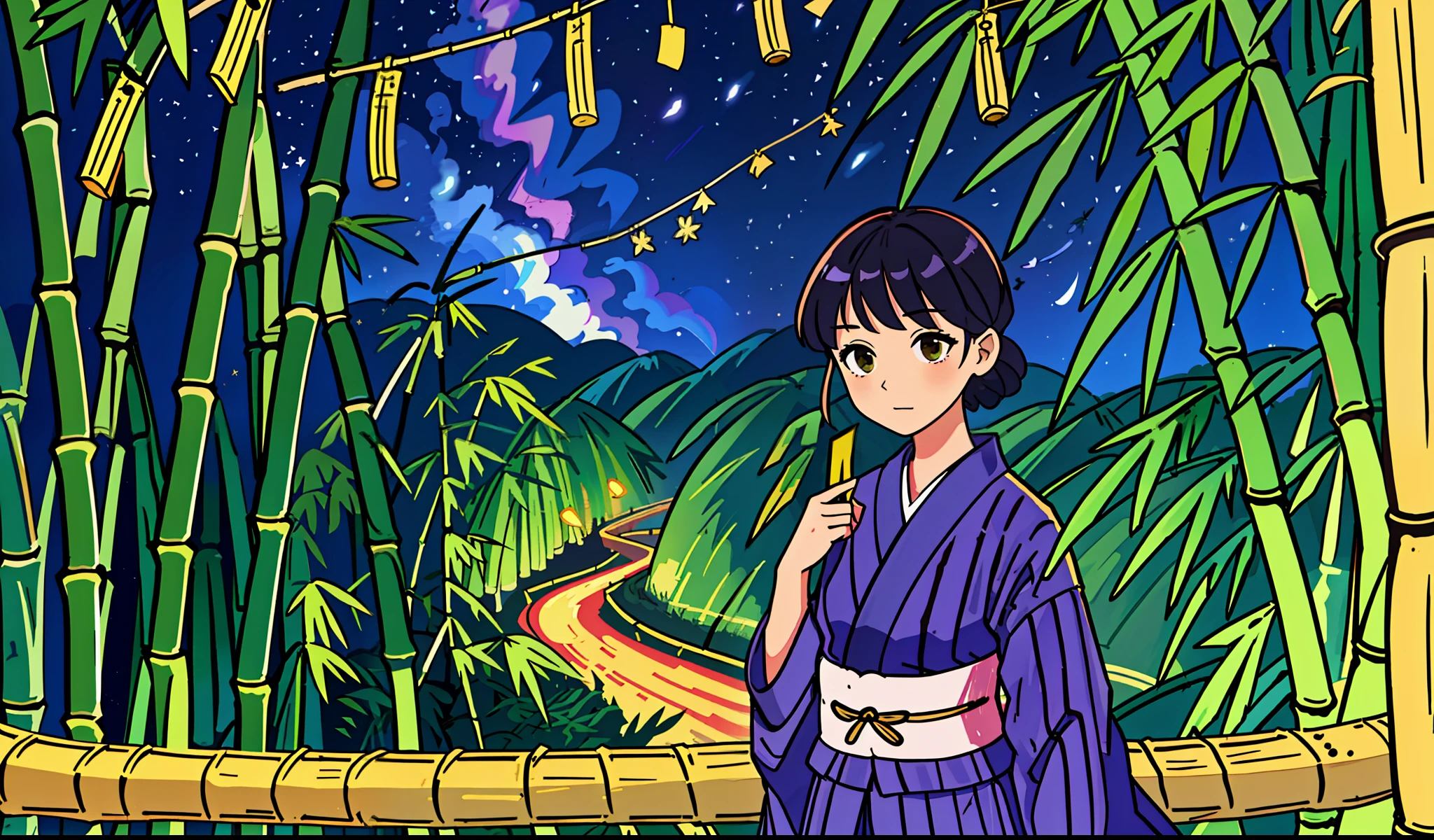 Beauty, 25 years old, countryside, yukata, night, starry sky, ((Tanabata (Tanabata / Bamboo leaves, strips)),