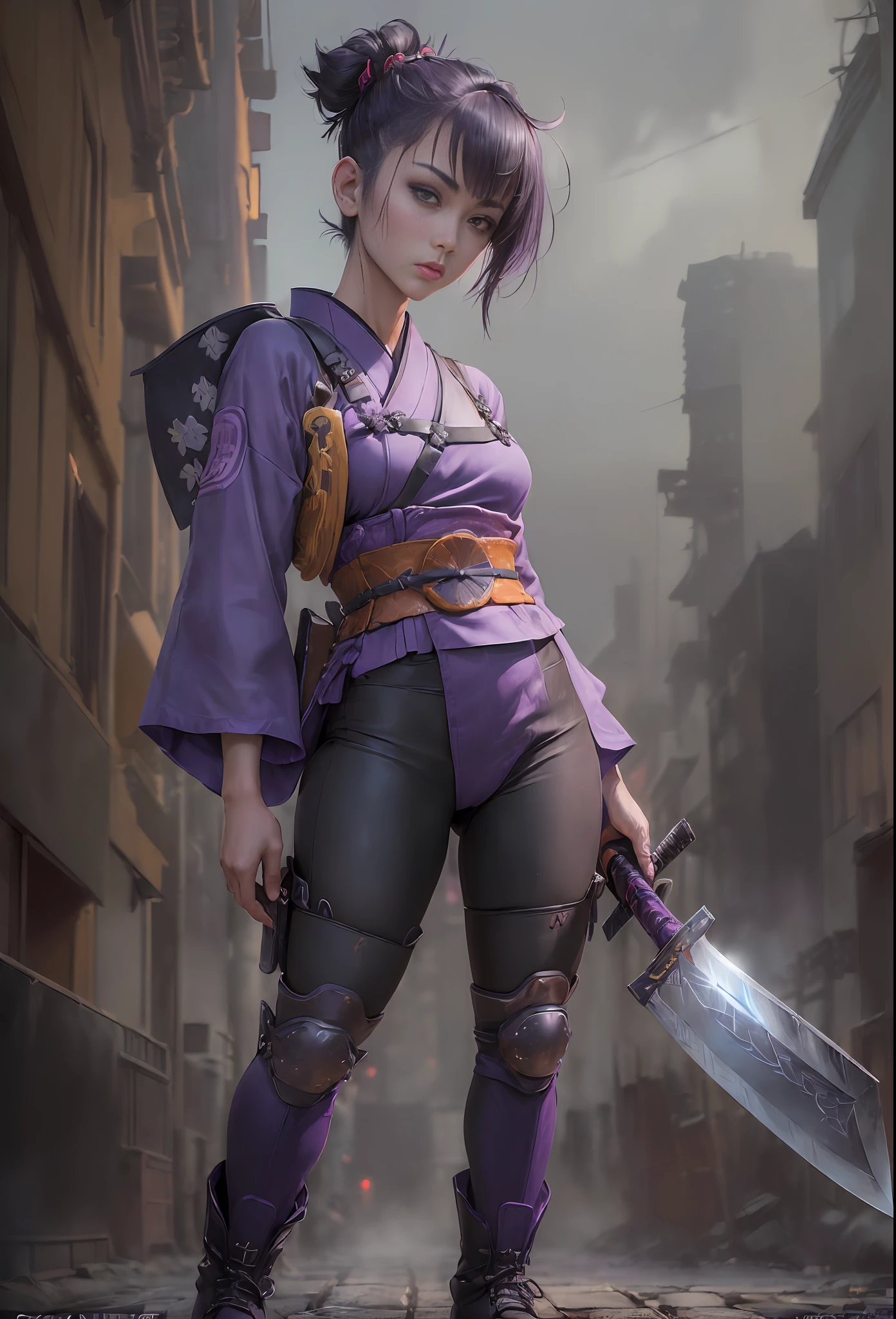 (
(Character: a samurai girl, japanese:1.4, undercut hair:1.3, slim body:1.2,short, slim legs: Anisotropic.3, slim waist, (attractive facial:1.3),holding a katana:1.5)
(Outfit: purple worker overalls:1.3, black knee pads, black t-shirt, boots:1.3)
(Pose: full body shot:1.5)
(Background:, intense urban lights in background, dark, foggy, night, purple color scheme)
(Style: ((Best quality)), ((masterpiece)), (face detailed:1.4),photo-realistic:1.3,hyperrealistic)
)