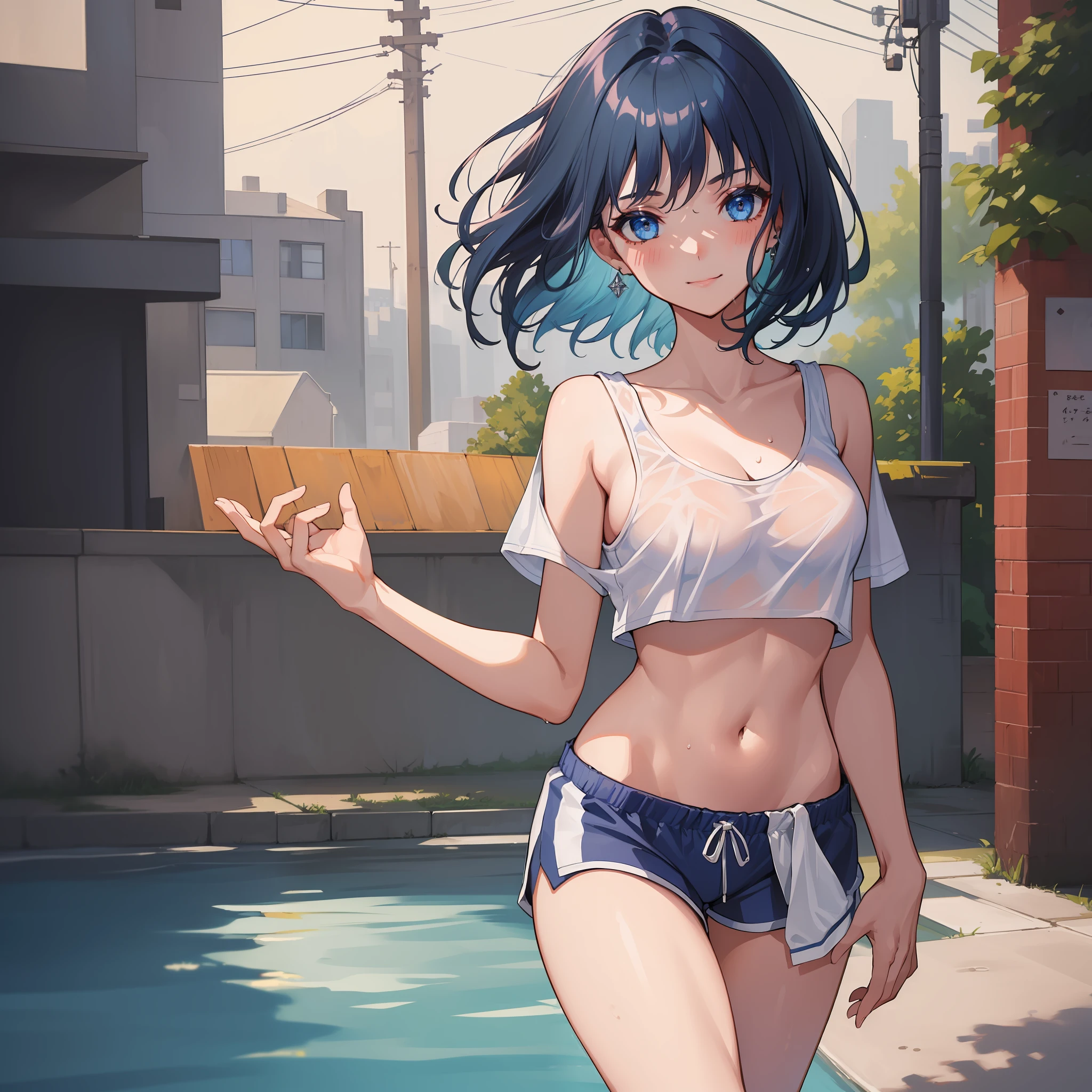 (masterpiece), ((highest quality)), (super detailed), (((perfect body))), 1 girl, (((dark blue hair)), short hair, dark blue eyes, blue sports top, white sports shorts, street, navel, wet: 1.1, jogging, blush, medium breast, collarbone, smile, perfect hands, perfect hands, hand details, modified fingers. Earrings, looking_at_viewer, cowboy shots, rich detail, perfect image quality
