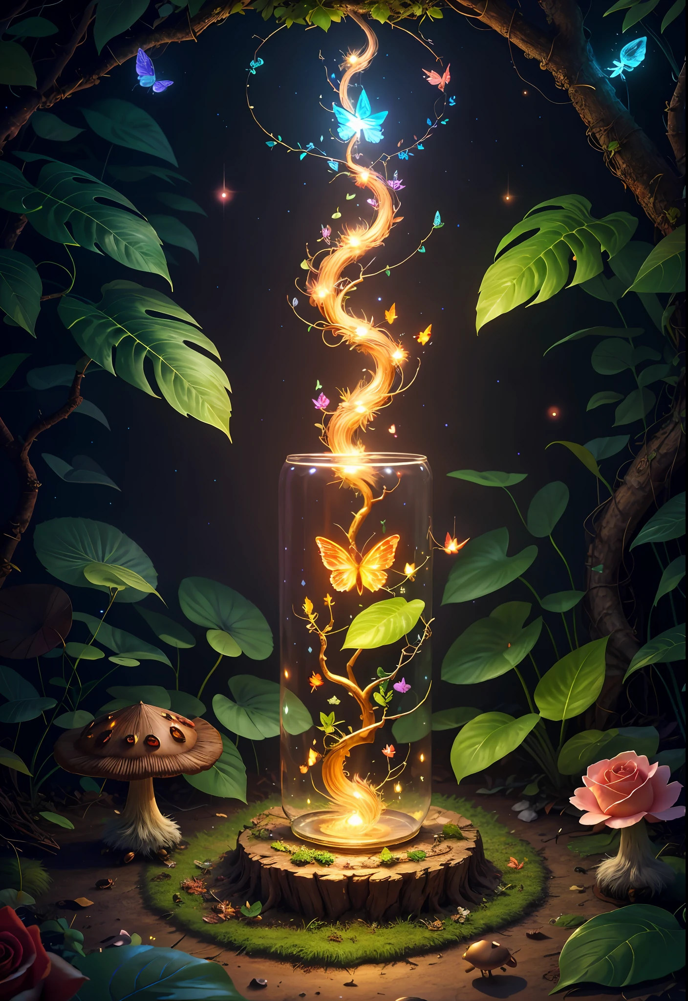Fantasy in a glass, "ethereal roses, cute animals, glowing little mushrooms surrounded by delicate leaves and branches, and fireflies and glowing particle effects", (natural elements), (jungle theme), (leaves), (branches), (fireflies), butterflies, (delicate leaves), (glow), (particle effects), super realistic, super detailed, dramatic lightning, 4k, masterpiece,