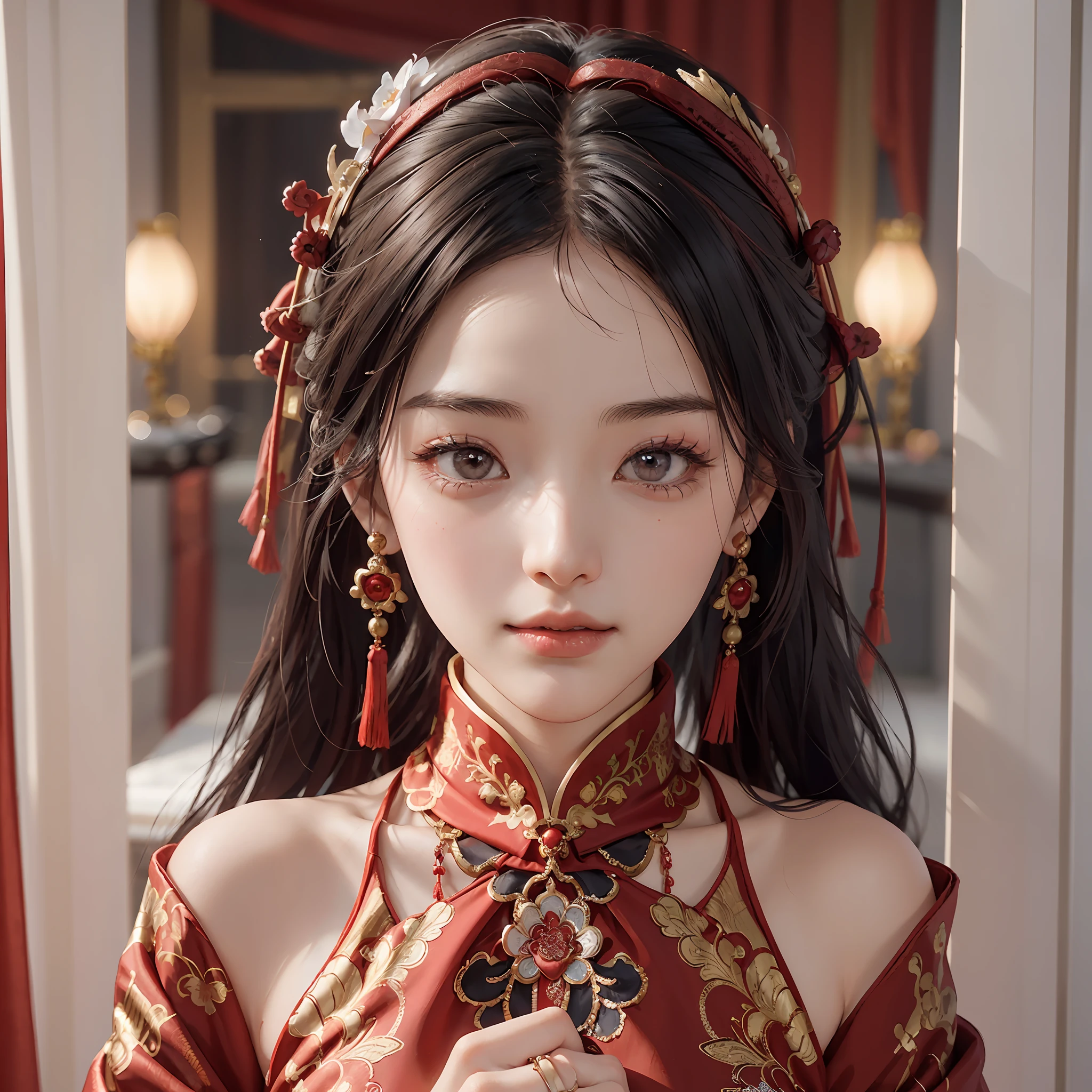 (A Chinese bride, wearing a gorgeous Chinese wedding dress), (Chinese style elements: 1.4), (shy, tender, beautiful face, fair skin, bright eyes, elegant eyebrows, happiness and expectation, rosy lip color, soft face), (red clothing: 1.4), (wearing exquisite jewelry, rings, necklaces)), clothes embroidered with phoenix motifs, (embroidery), full body red robe, purity, romance, (body curves), pleated decoration, (cinematic quality), (Best quality: 1.2), (Realism: 1.4), (Indoor), Photoquality, ((Octane rendering)), Close-up, Photographic lighting, (Red theme: 1.4),