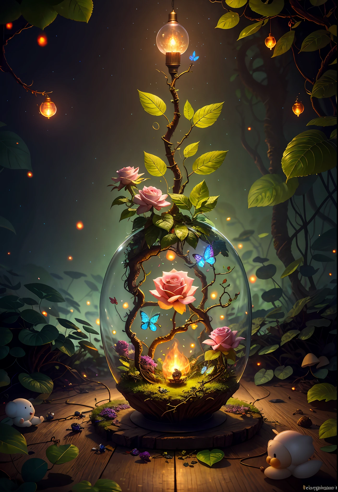 Fantasy in a glass, "ethereal roses, cute animals, glowing little mushrooms surrounded by delicate leaves and branches, and fireflies and glowing particle effects", (natural elements), (jungle theme), (leaves), (branches), (fireflies), butterflies, (delicate leaves), (glow), (particle effects), super realistic, super detailed, dramatic lightning, 4k, masterpiece,