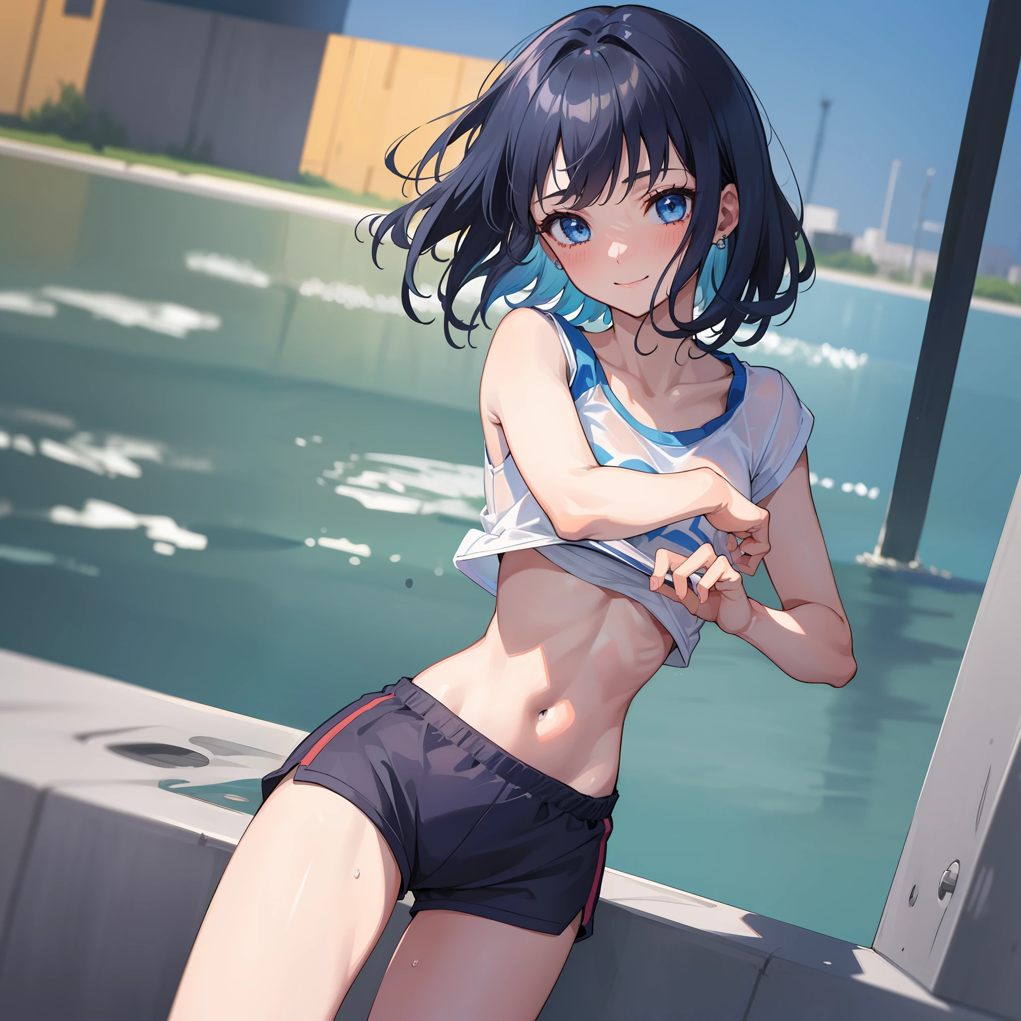 (Masterpiece), ((Best Quality)), (Super Detail), 1 Girl, Dark Blue Hair, Dark Blue Eyes, Short Hair, Blue Sports Top, White Sports Shorts, Park, Navel, Wet: 1.1, (Running: 1.3), Dynamism, (Jogging), Blushing, Medium Breast, Clavicle, Smile, Perfect Hand, Hand Details, Corrected Fingers. Earrings, looking_at_viewer, cowboy shots, rich detail, perfect image quality