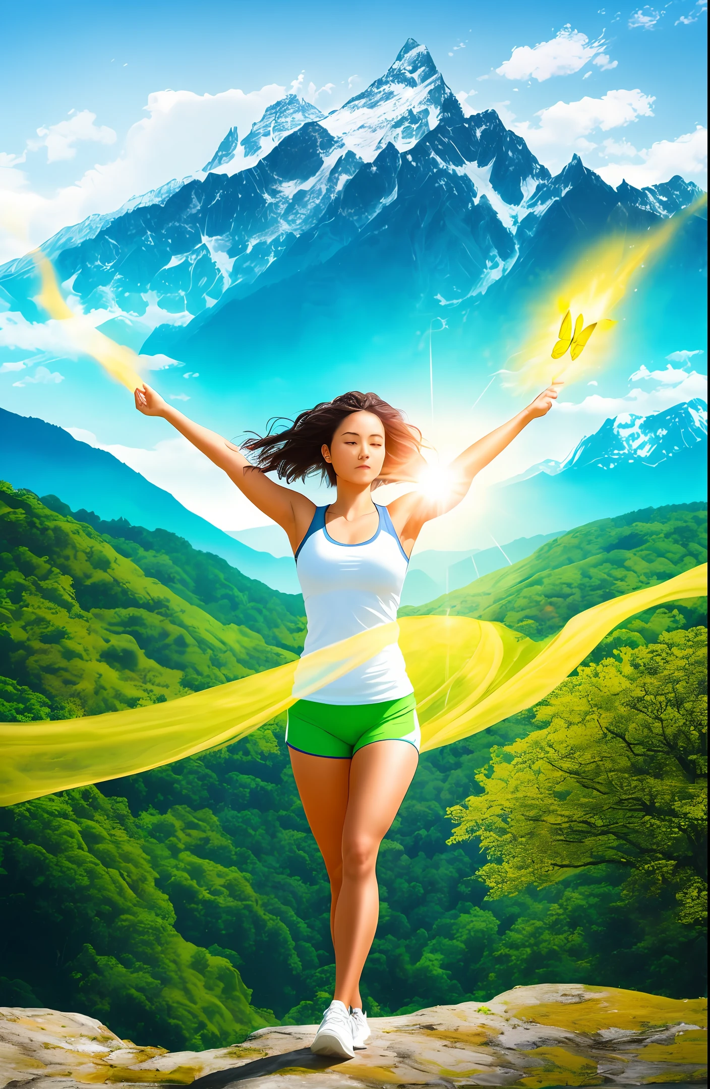 "Imagine a cover image that conveys the powerful connection between mind and body during a journey of transformation. The scene takes place in a serene and inspiring environment. The central figure is a radiant person with a confident and determined expression. She's standing, wearing comfortable exercise clothes, her arms raised in a gesture of empowerment. Soft sunlight bathes the scenery, highlighting a lush background with natural elements such as forests, mountains or a verdant field.
Around the central person, visual symbols represent mental and emotional transformation. Think of elements like butterflies, symbolizing metamorphosis and change, or puzzles, representing the reconstruction of the mind. These symbols float delicately and harmoniously around the person, suggesting the synchrony between mind and body.

The image as a whole should convey a sense of hope, resilience and potential. It should capture the idea that mental transformation is the key to achieving balance and health throughout the body.