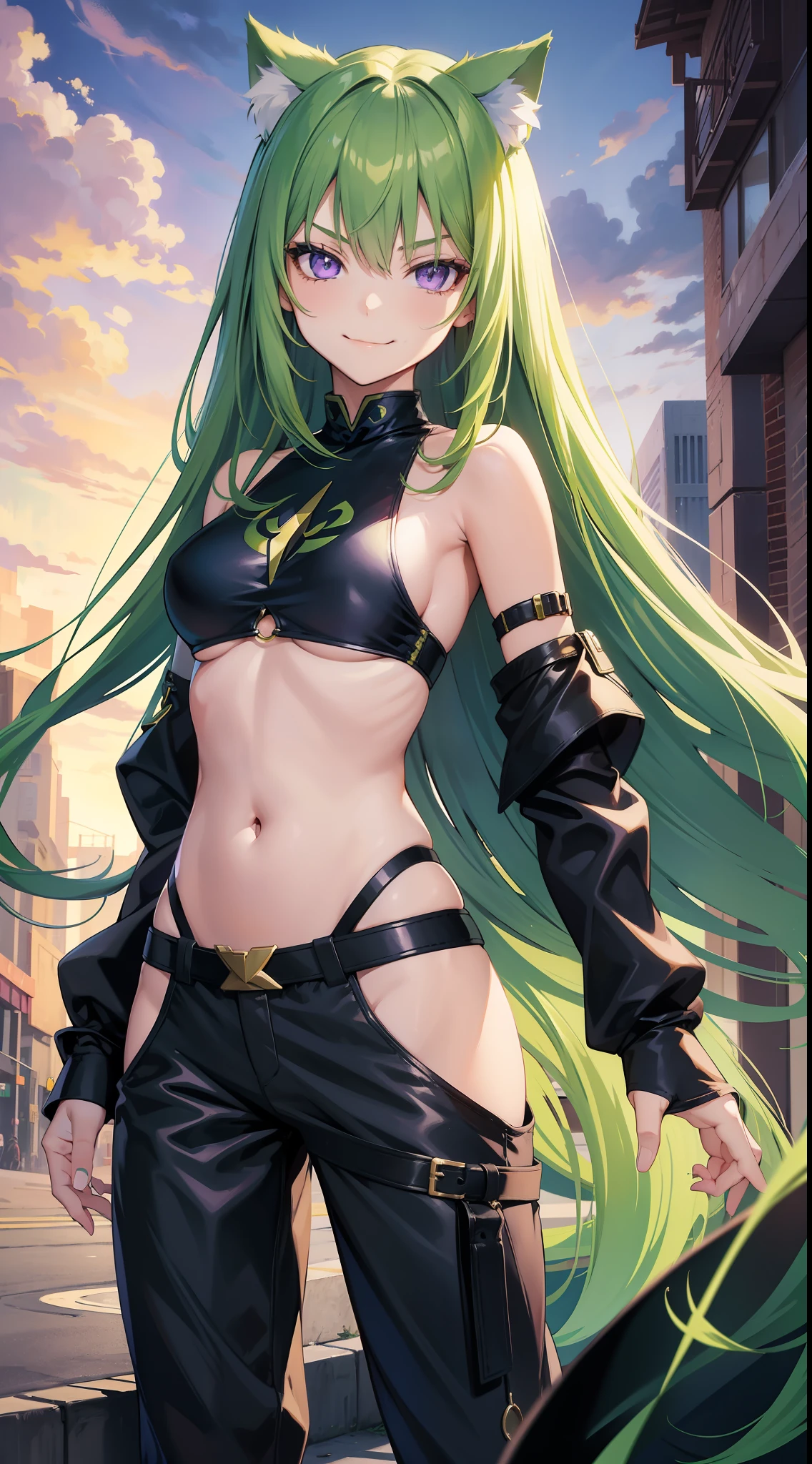 Young girl, long green hair, purple eyes, cat ears, smirk, superhero form, pants, open belly, inner sideboob, masterpiece, high quality