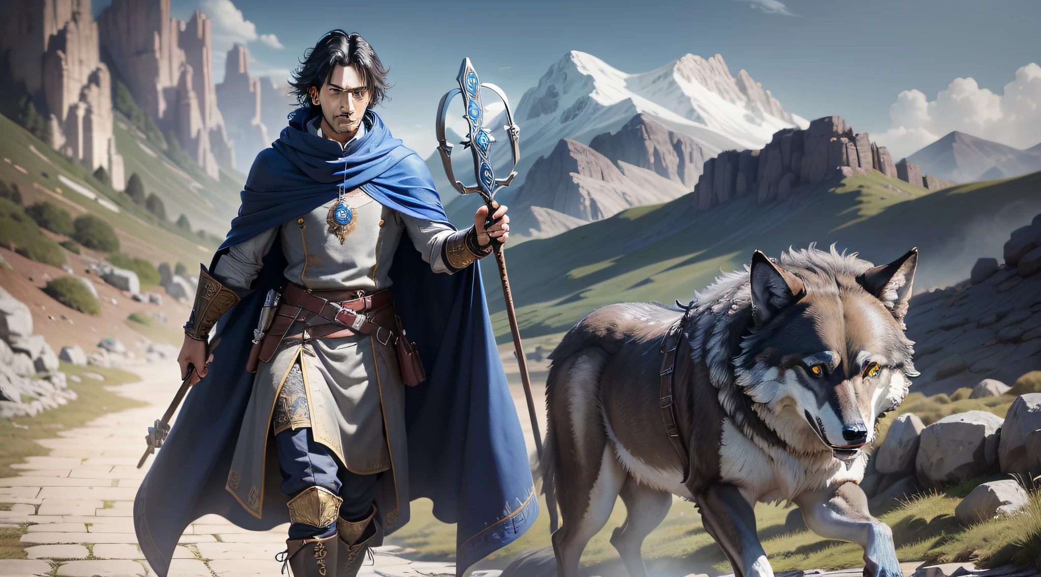 A 45-year-old magician, adult, black hair, straight, long, ((best quality)), ((highly detailed)), masterpiece, ((official-art)), (brown eyes, striking look, masculine features, thin face, (man1:33, solo), cape, high boots, medieval style, walking on a road, company of a gray wolf, wooden staff, bright blue stone at the tip of the staff, UHD, 8K
