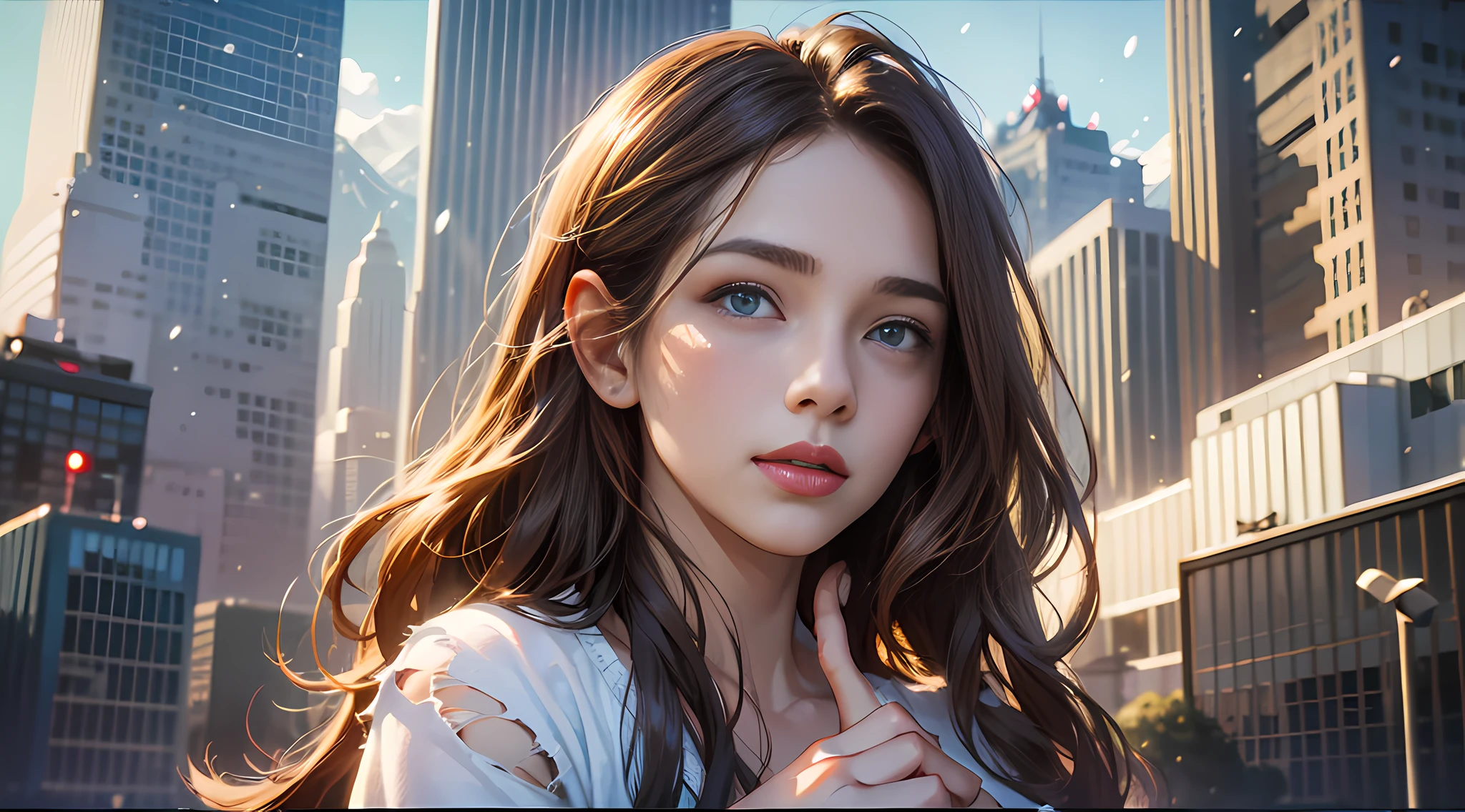 daughter (masterpiece:1.4), (8k, realistic, raw photos, best quality: 1.4), japanese, (1 girl), beautiful face, (realistic face:1.4), (caramel hair, long hair:1.3), beautiful hairstyle, realistic blue eyes, beautiful detailed eyes, (realistic skin:1.3), beautiful skin, attractive, super high resolution, super realistic, highly detailed, golden ratio, (detailed face: 1.4), looking at the audience, white shirt, medium breasts, standing, Hands on chest, Clear shirt, (torn clothes:1.5), (no bra:1.4), perky_nipples, short jeans, shorts, city street, cute smile, red lips, (golden ratio fingers: 1.5), (illustration background, CGI, movie, futuristic, mountain, snow, thick thighs, robust, gothic, gold trim, cthulhu, octopus, official art, cape)