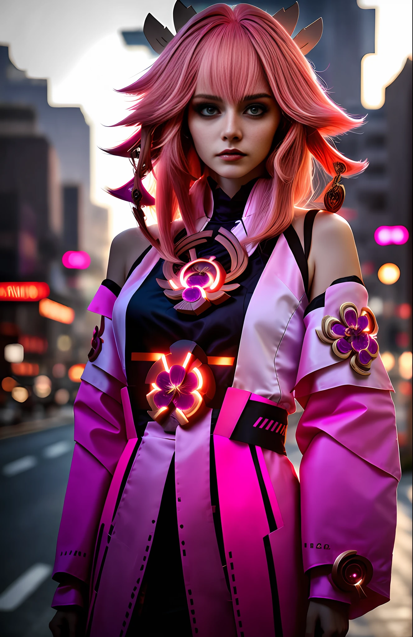 cyberpunk portrait photography, beautiful young woman looking off camera in glowing futuristic jacket, super realistic face, eyes visible through hair, proper eye position, natural skin, purple eyes, soft light, rim light, hips, in road side, detailed background, intricate , highly detail, octane render, HD, 8k, by Annie Leibovitz,120mm , yae miko, pink hair