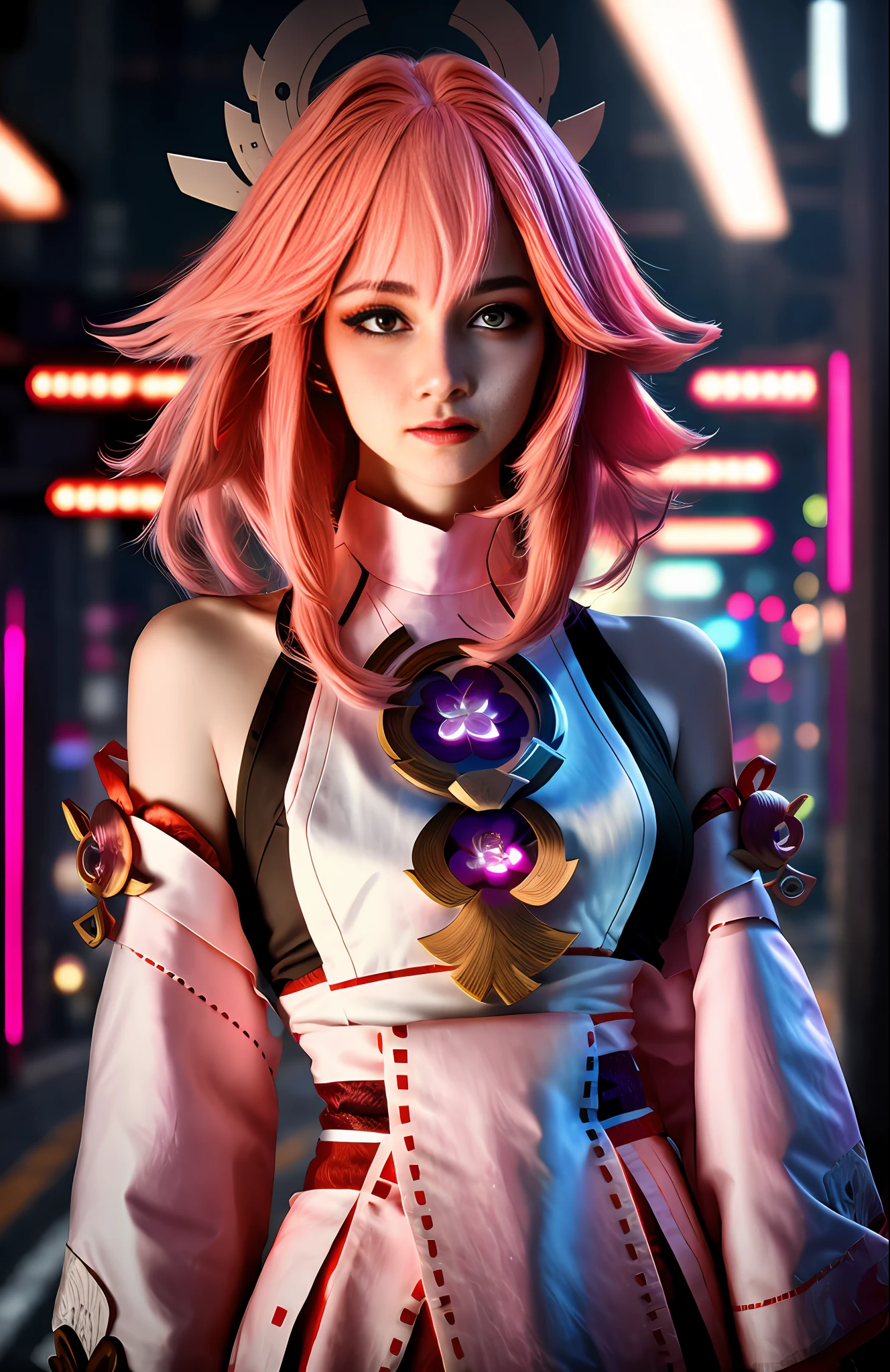 cyberpunk portrait photography, beautiful young woman looking off camera in glowing futuristic jacket, super realistic face, eyes visible through hair, proper eye position, natural skin, purple eyes, soft light, rim light, hips, in road side, detailed background, intricate , highly detail, octane render, HD, 8k, by Annie Leibovitz,120mm , yae miko, pink hair