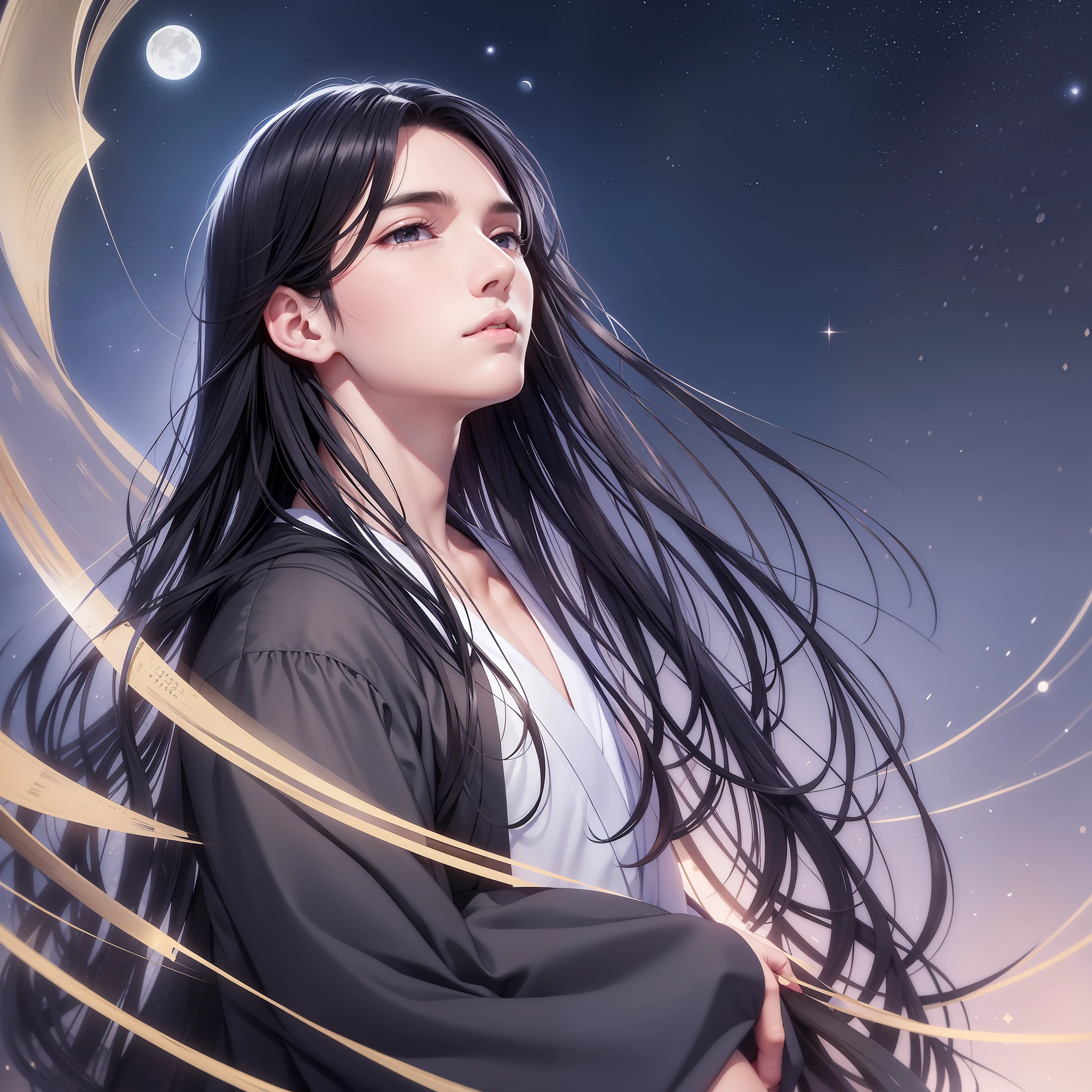 (Masterpiece) 8K resolution, Mr. Light Source, Beautiful young man looking up at the moon, God Lord, Black straight long hair, Hazel eyes, Black eyes, Sad face, Japanese clothes, Mizudry, Fantasy style,