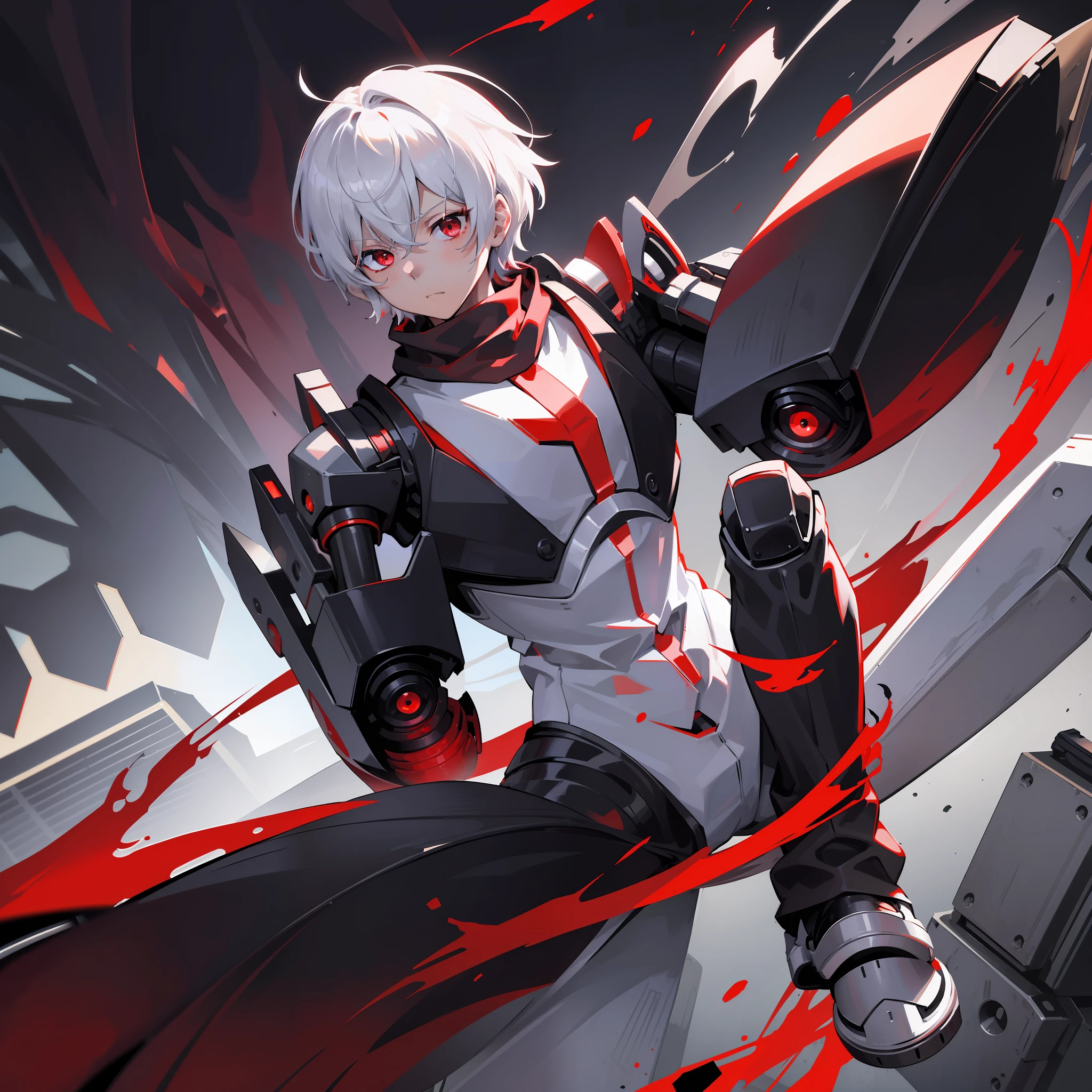 1boy, short white hair, red eyes,black mask, black with white combat suit,robotic arms,black pants,black shoes,robotic arms on back,long red scarf