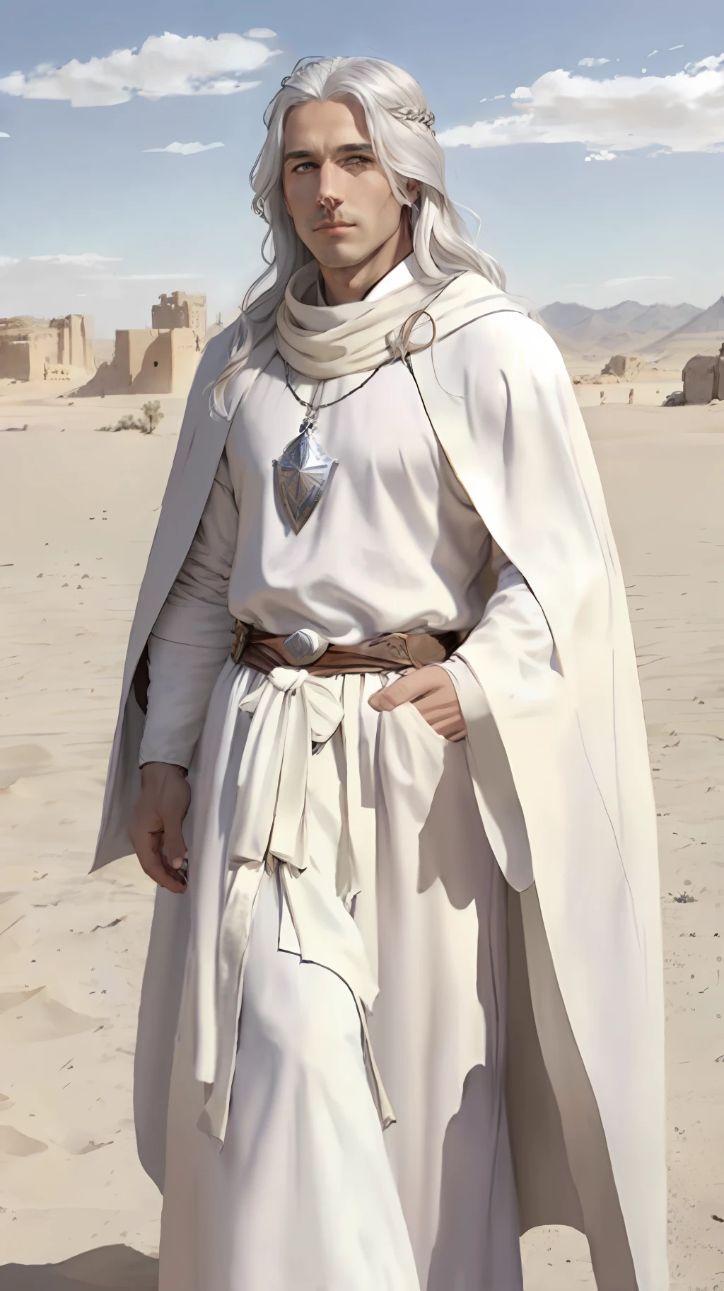 Arafed man, (long white hair), in a white robe and a silver cloak standing in the desert, white robe, long white robe, detailed armor with white scarf, very long white robe, dressed as an emperor, flowing robes and steel armor, like a medieval fantasy character, wearing a flowing robe, wearing a luxurious robe,  medieval robes, desert cloak, white cloak, medieval costume