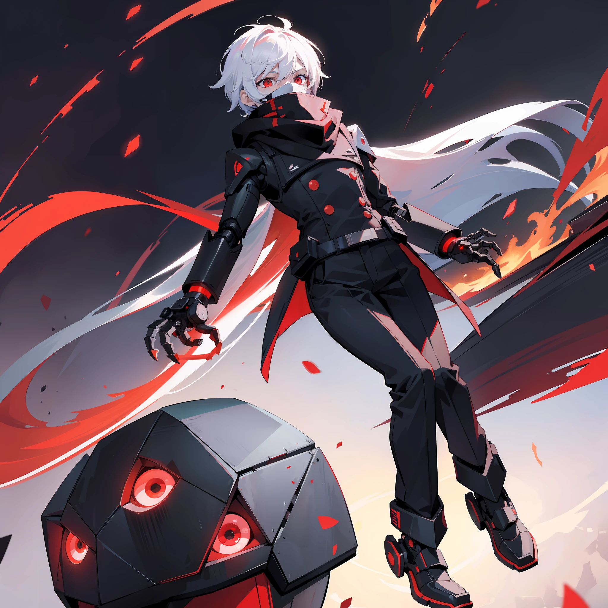 1boy, short white hair, red eyes,black mask, black with white combat suit,robotic arms,black pants,black shoes,robotic arms on back,long red scarf