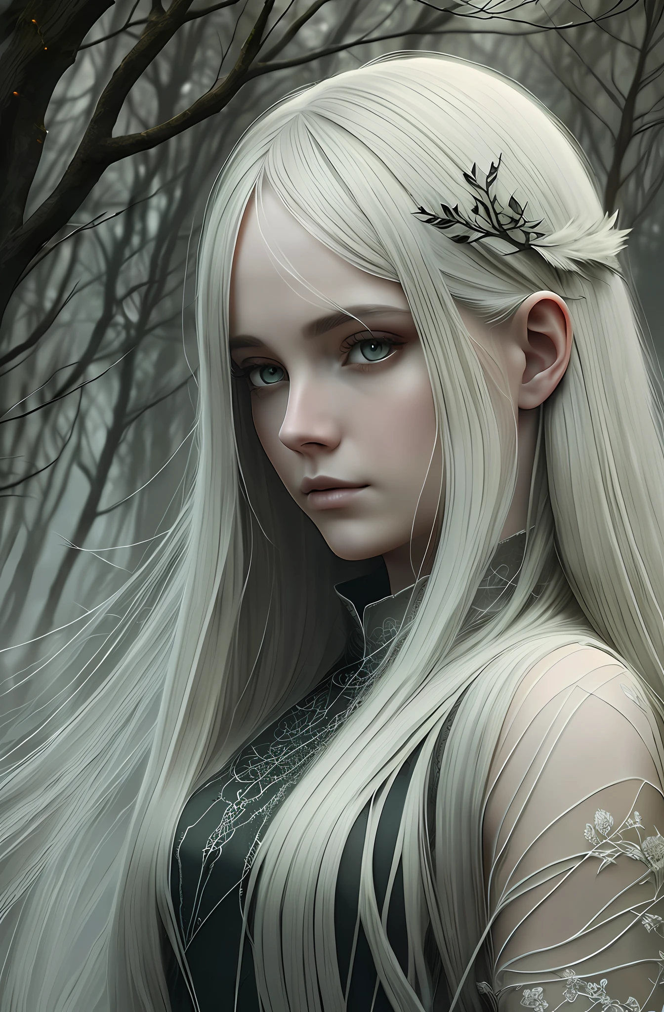 french painter gillian mccarthy a woman with white long hair, in the style of ethereal spooky trees, whimsical yet eerie animal symbolism, muted and subtle tones, grey and black , haunting figuratism, delicate simplicity, layered imagery with subtle irony In the style of Daria Petrilli and Andrea Kowch
detailed matte painting, deep color, fantastical, intricate detail, splash screen, complementary colors, fantasy concept art, 8k resolution trending on Artstation Unreal Engine 5 --auto --s2