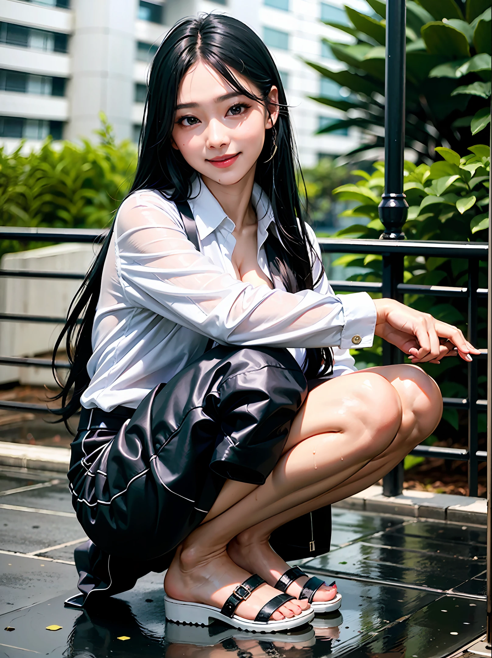 1girl, rain, wet clothes, long black hair, highly detailed, night, neon, unbuttoned white shirt, barefoot, holding shoes in hands, sensual look, long legs, smile