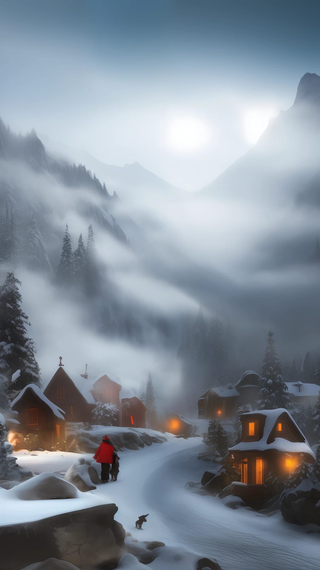 Dark Christmas, North Pole, Mountain with Fog, Dark, Terror, Macabre Village, Beggar, Hyper-realistic, Village with Many Houses, Great Quality, Beggar Walking the Streets, Mist, Poor Village, Dark Gods