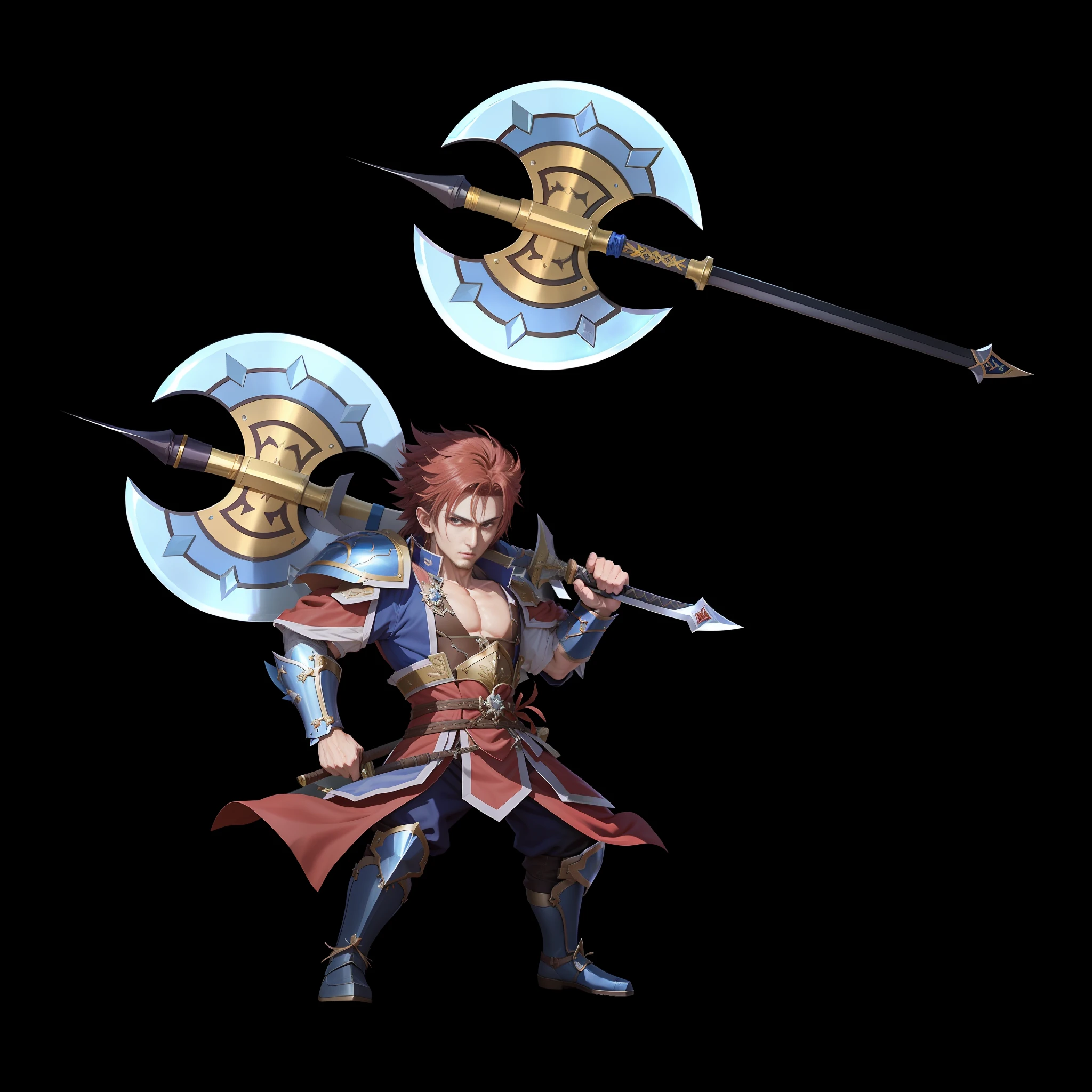 anime character with two swords and a shield in his hand, holding weapon and shield, dual wielding axes, dual wielding two magical swords, wielding twin swords, picture of an adult male warrior, dual wielding swords, genshin impact character, holding shield and sword, hold spear, brandishing halberd, polearm glaive, holding a sword and shield