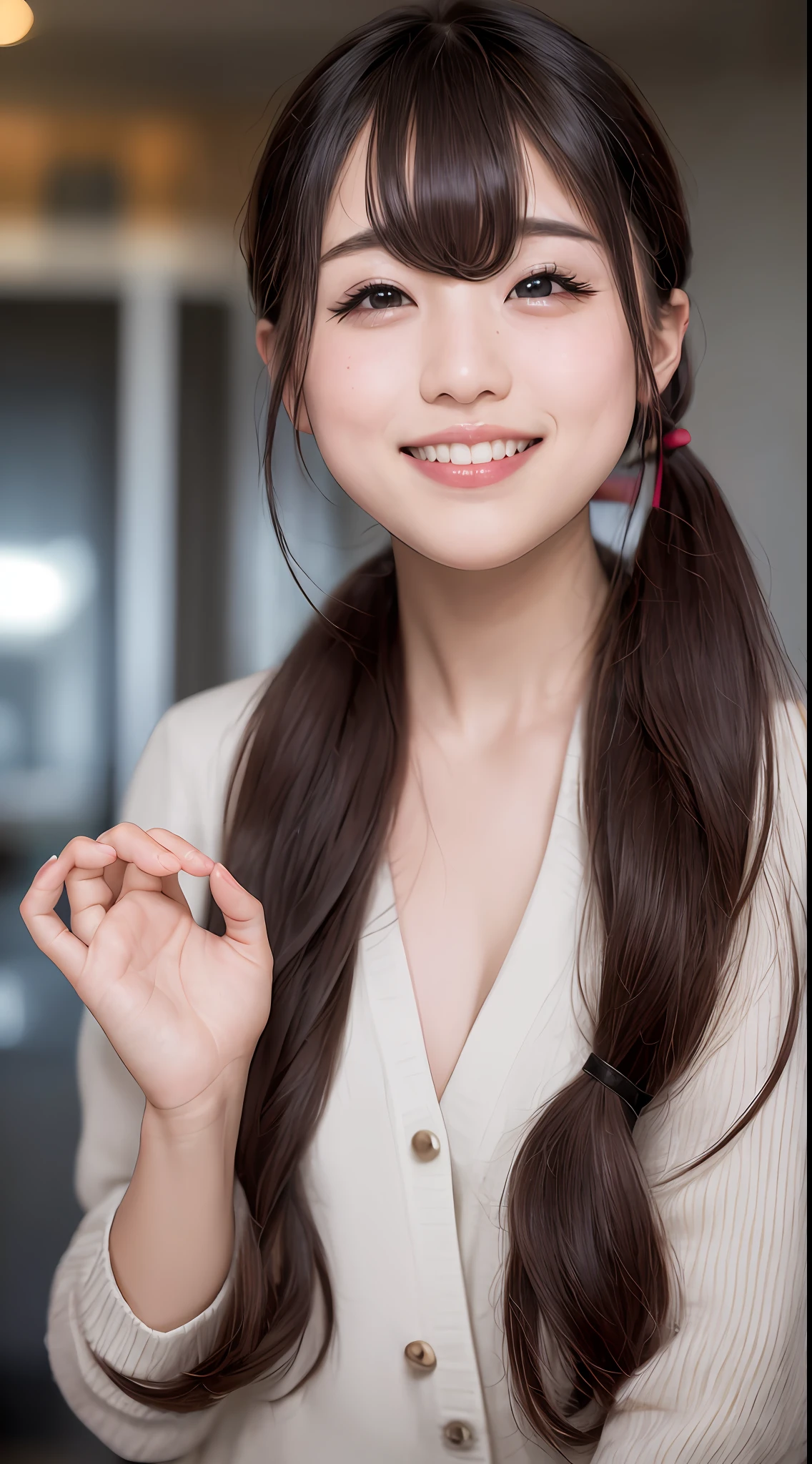 smile, a 27 y.o girl in a iridescent foil micro bikini, ((kpop idol)),  (aegyo sal:1), huge breasts, bare butts, light pink short ponytail, pale skin, ((puffy eyes)), looking at viewer, heterochromia eye, mole below eye, thick eyebrows, freckles, small waist, wide thighs, thigh gap, beach, coastline, wind, waves, 8k uhd, dslr, soft lighting, high quality, best quality, ultra high res, (photorealistic:1.4), film grain, Fujifilm XT3,