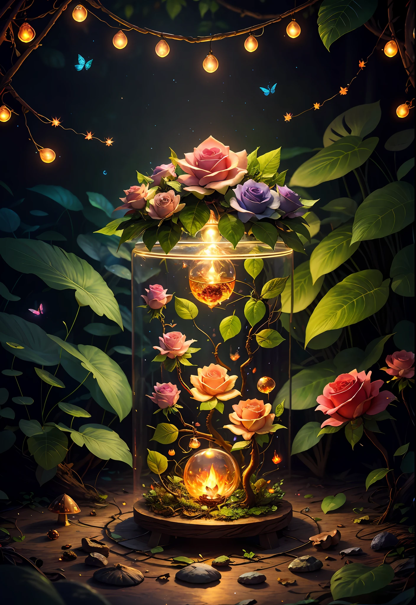 Fantasy in a glass, "ethereal roses, cute animals, glowing little mushrooms surrounded by delicate leaves and branches, and fireflies and glowing particle effects", (natural elements), (jungle theme), (leaves), (branches), (fireflies), butterflies, (delicate leaves), (glow), (particle effects), super realistic, super detailed, dramatic lightning, 4k, masterpiece,