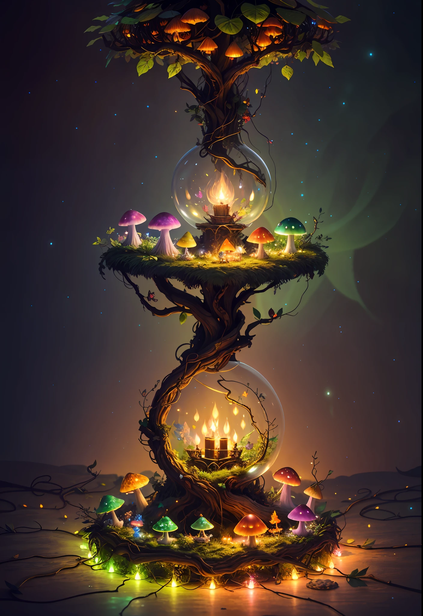 Fantasy in a glass, "ethereal roses, cute animals, glowing little mushrooms surrounded by delicate leaves and branches, and fireflies and glowing particle effects", (natural elements), (jungle theme), (leaves), (branches), (fireflies), butterflies, (delicate leaves), (glow), (particle effects), super realistic, super detailed, dramatic lightning, 4k, masterpiece,