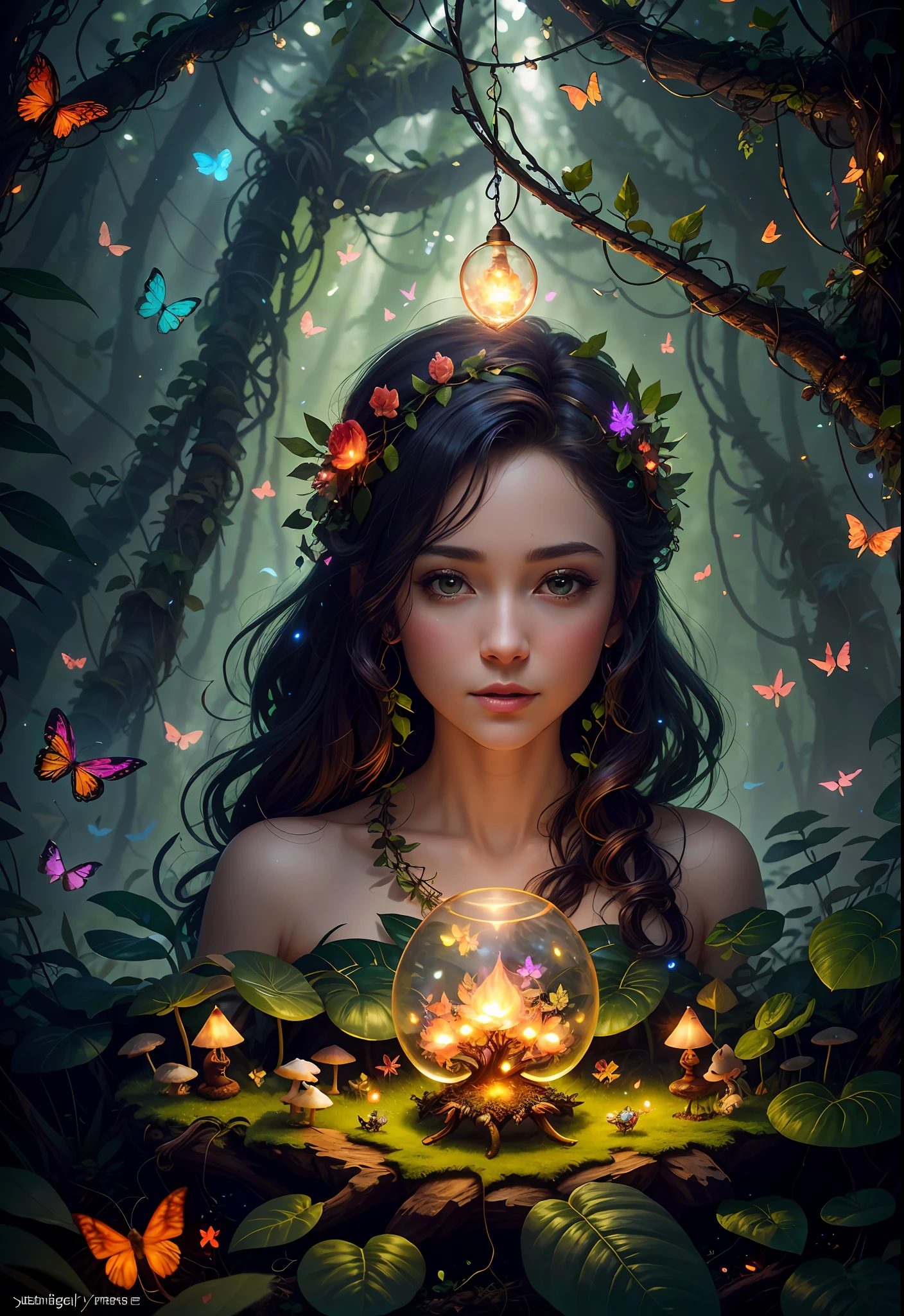 Fantasy in a glass, "ethereal roses, cute animals, glowing little mushrooms surrounded by delicate leaves and branches, and fireflies and glowing particle effects", (natural elements), (jungle theme), (leaves), (branches), (fireflies), butterflies, (delicate leaves), (glow), (particle effects), super realistic, super detailed, dramatic lightning, 4k, masterpiece,