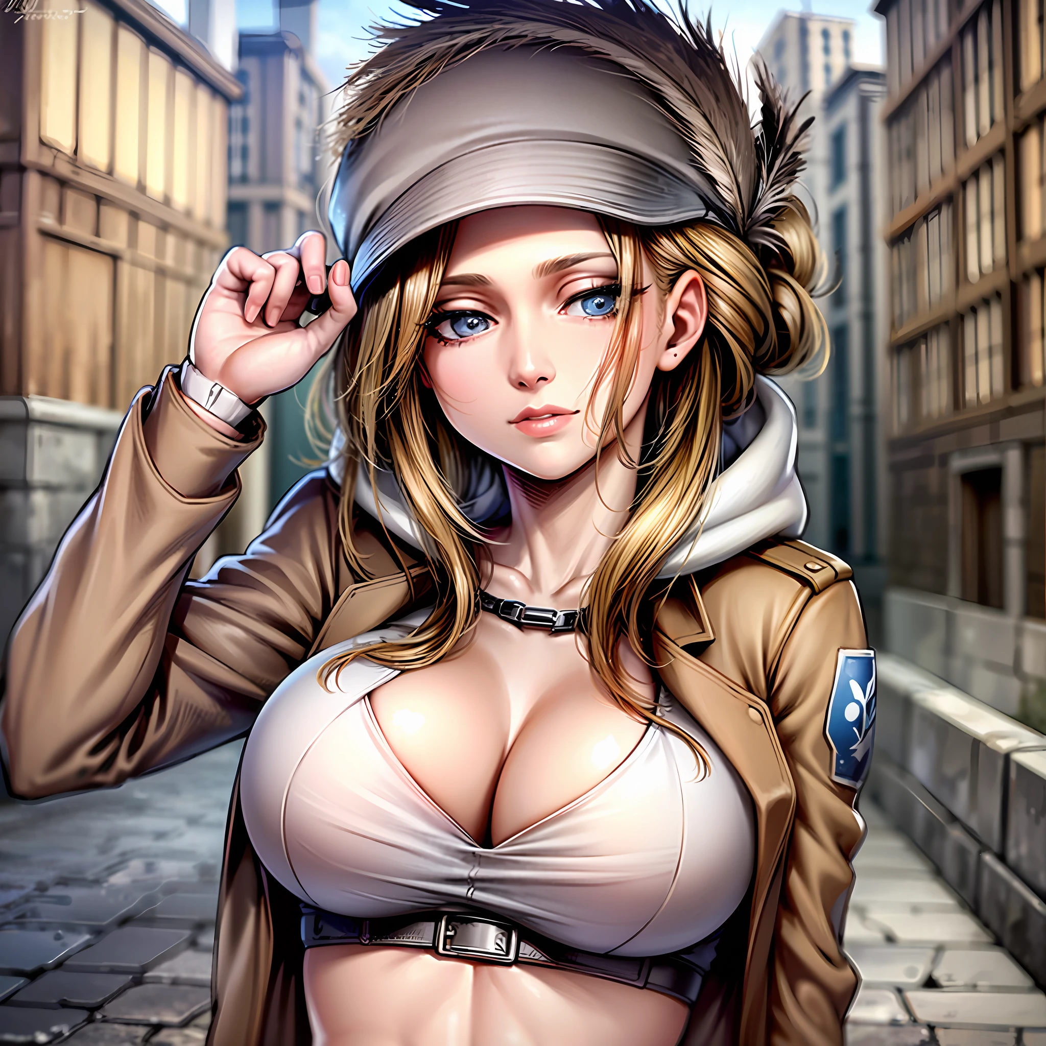 (bestquality, masterpiece), AnnieAOT, solo, hood, hoodie, paradis_military_uniform, jacket, uniform, big breasts, perfect body, badge, feathers