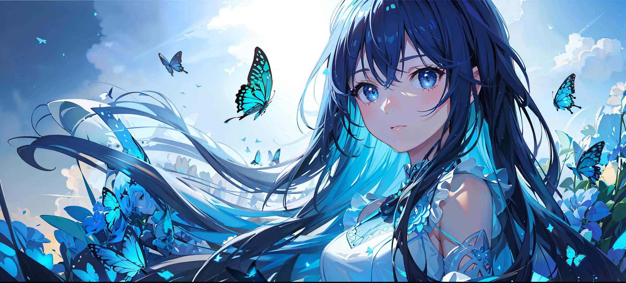masterpiece, best quality, detailed eyes, vivid color, detailed skin, 1girl, short dress, see-through silhouette,
starry sky, field of flowers, butterflies,
((((((blue hue, rim lighting)))))),